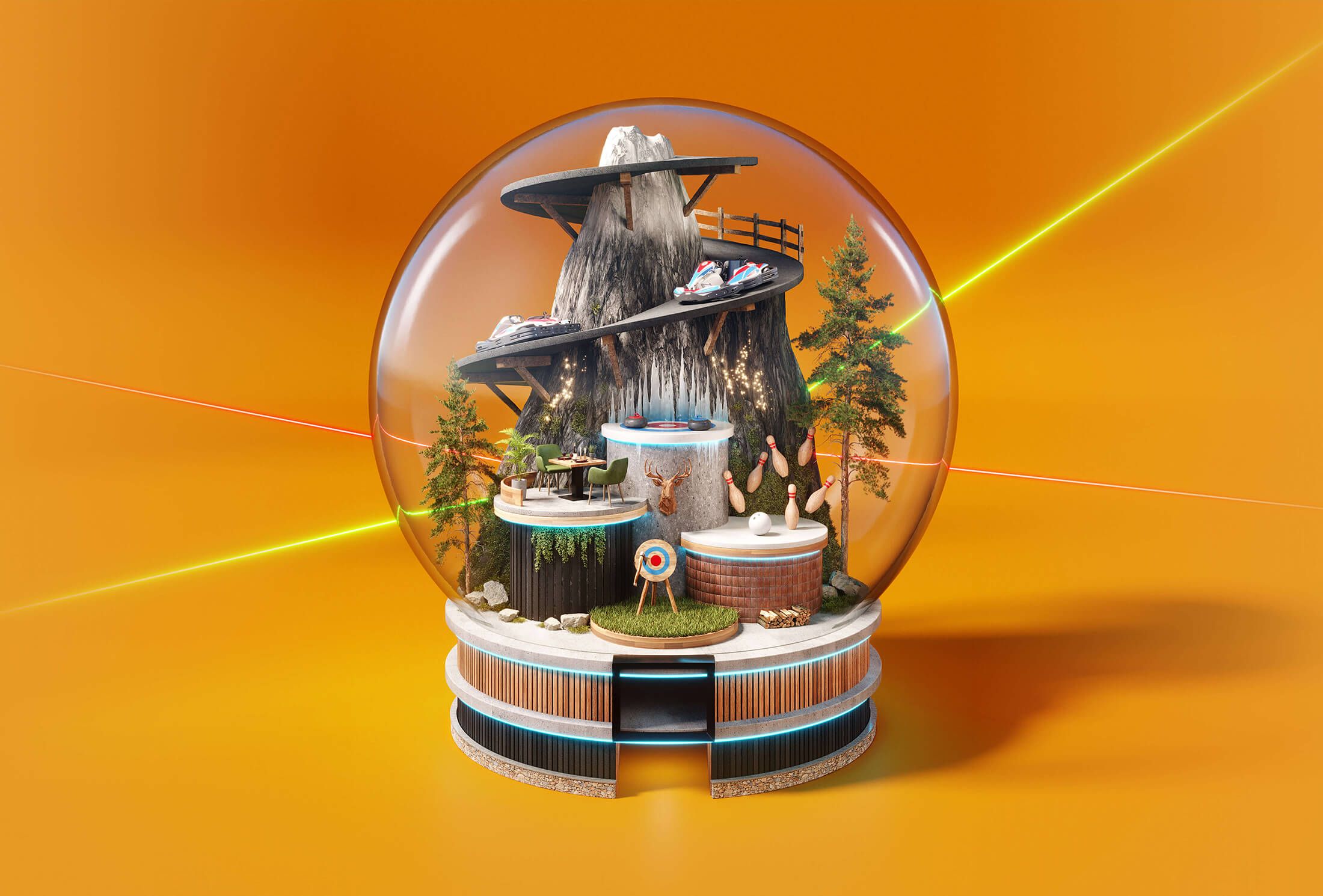 Een miniwereld in een sneeuwbol: water, bomen en kleine figuurtjes tegen een oranje achtergrond.