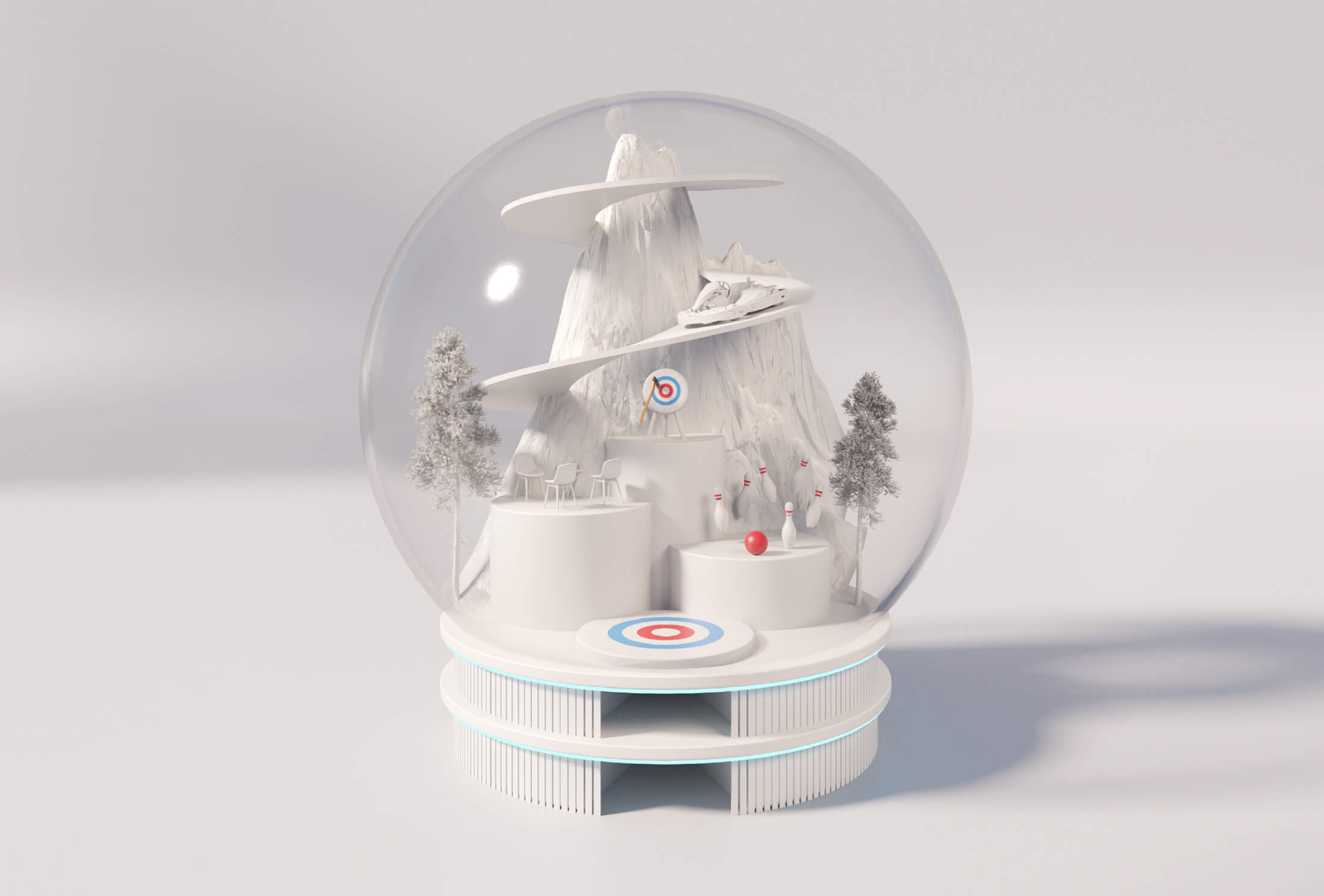 Sneeuwbol: winters tafereel met bergen, spiraalvormig pad, bomen en rode cirkels op platformen.