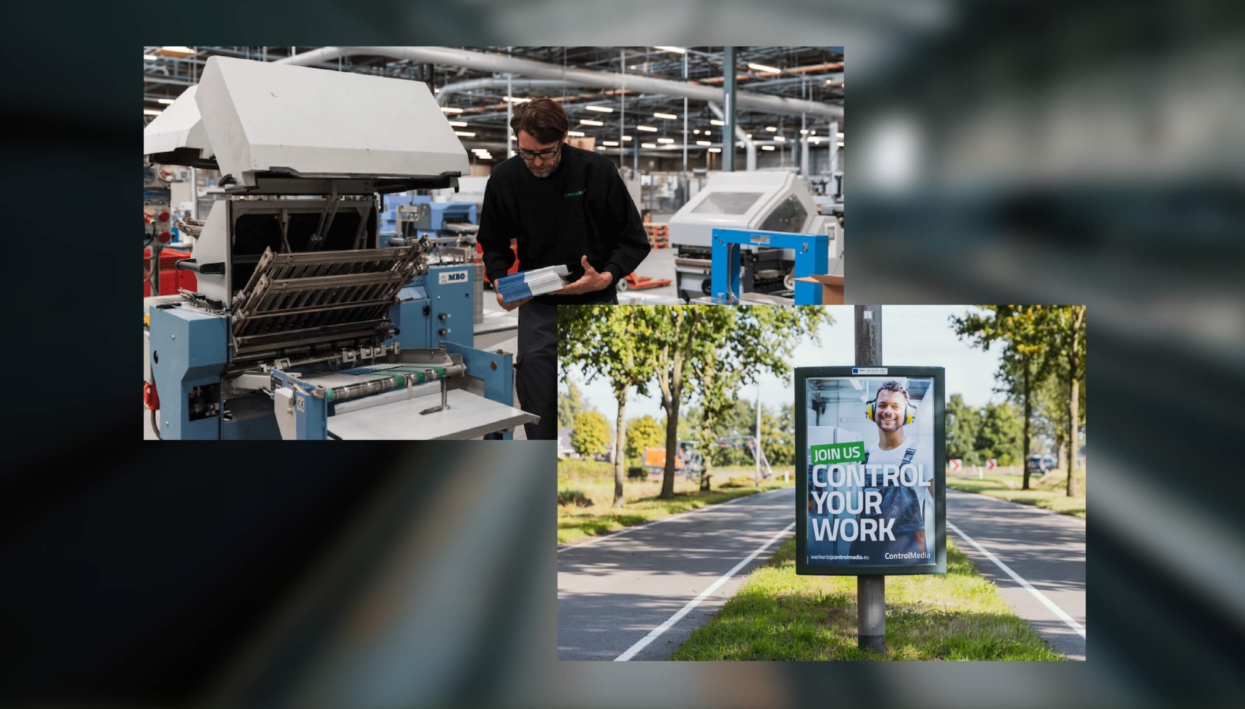 Fabrieksarbeider bij een machine; een verkeersbord met een persoon met de tekst: "SLUIT JE BIJ ONS AAN, CONTROLE OVER JE WERK.