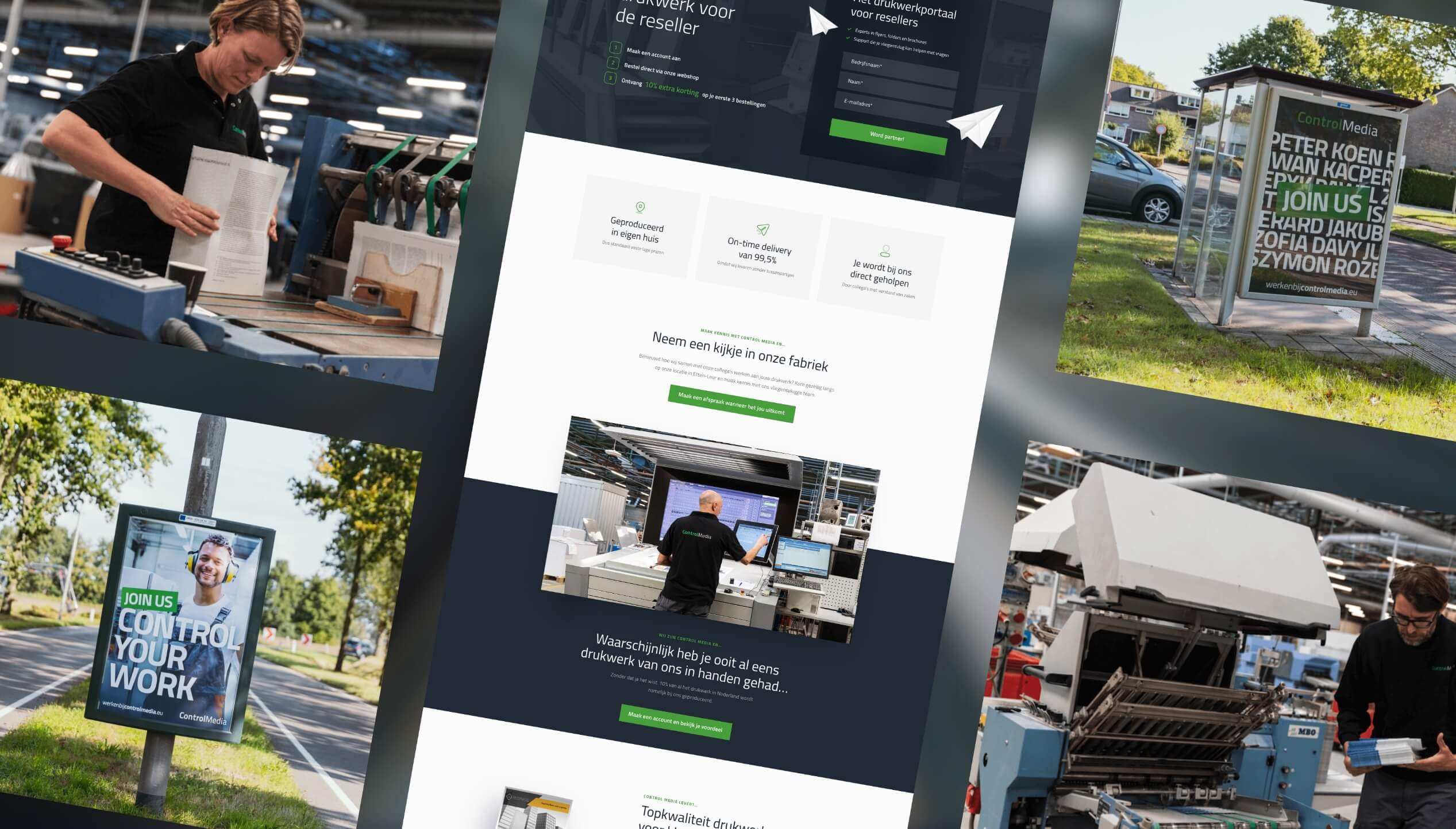Collage van fabrieken, web-UI en straatadvertenties: nadruk op machines en bewegwijzering.
