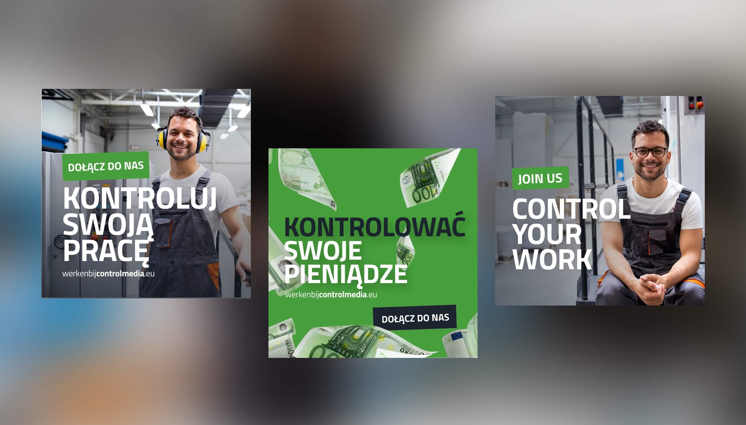 3 wervingsadvertenties: lachende werknemers, geldafbeeldingen, veelbelovende kansen.