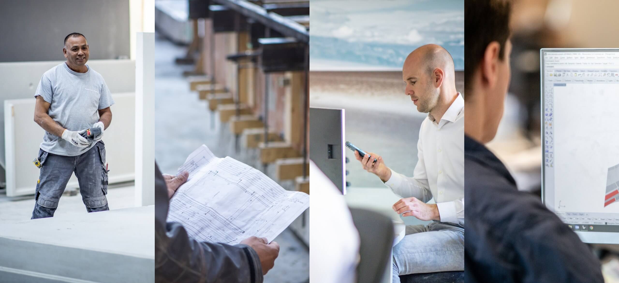 Collage: Gereedschapsman, blauwdrukhouder, oproepkracht en bureaumedewerker.