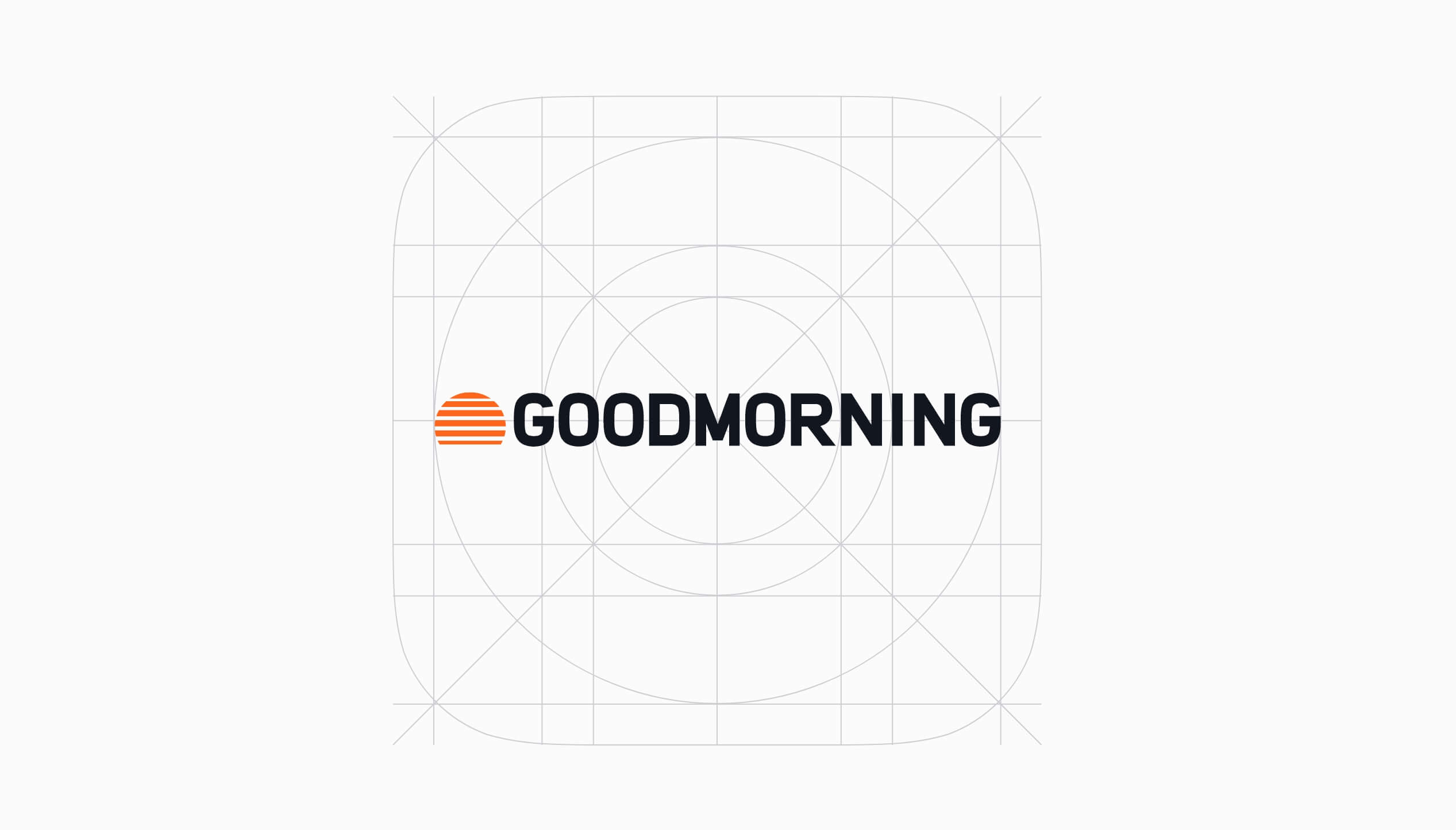 Logo: "GOODMORNING"-tekst met een oranje gestreepte zon op een rasterachtergrond.