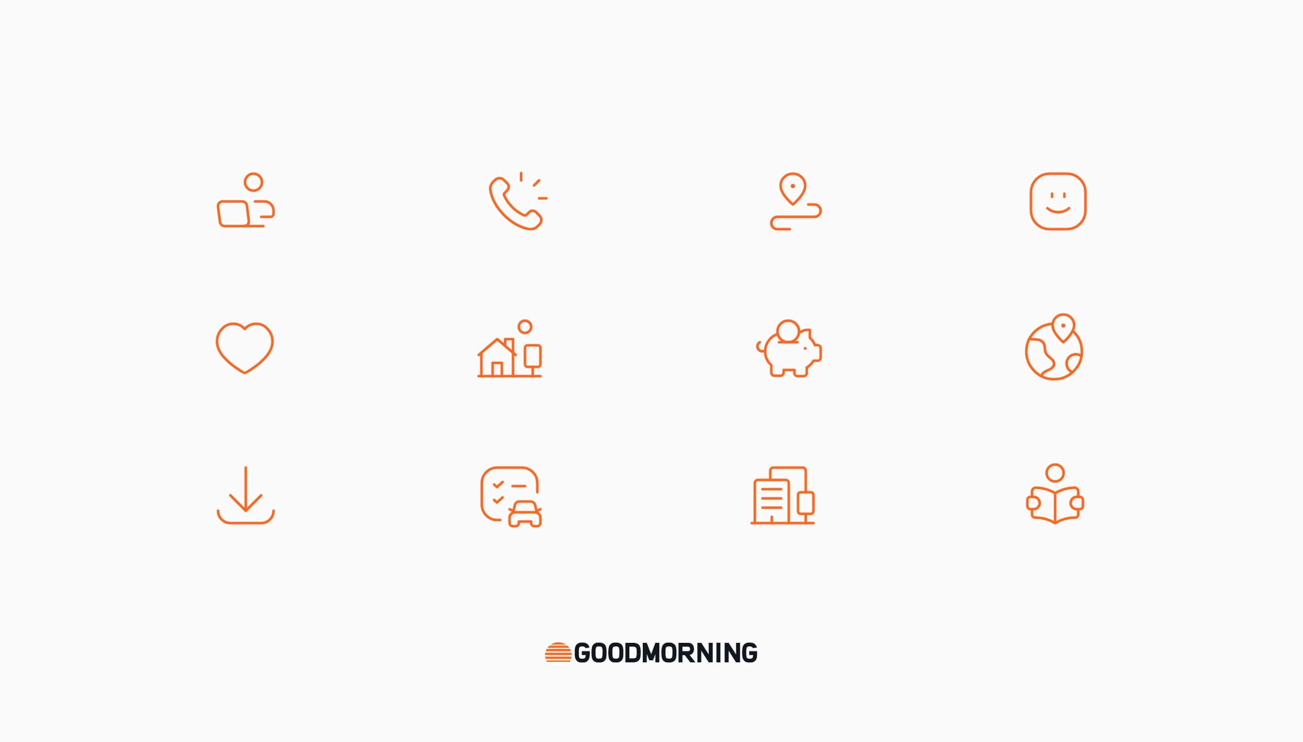 Twaalf minimalistische oranje iconen op wit, die communicatie- en reisthema's weergeven.