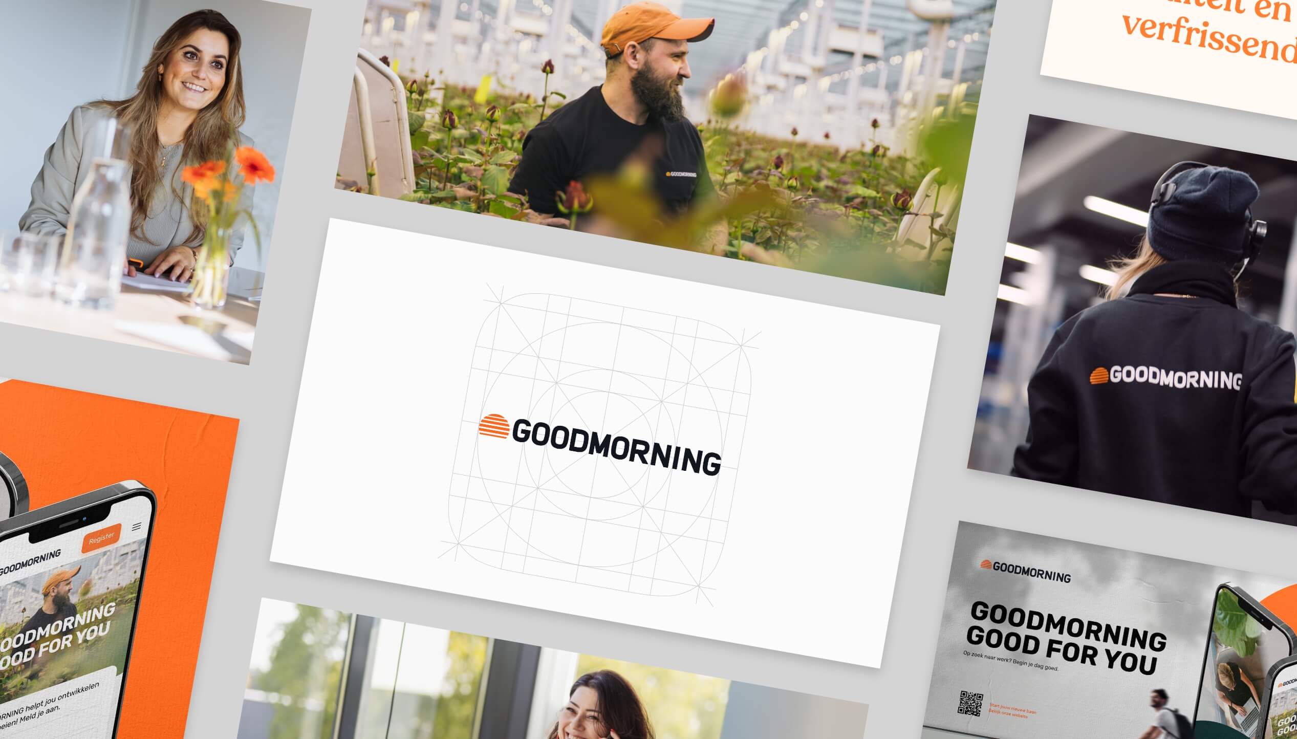 Goodmorning branding collage met mensen en promo's.