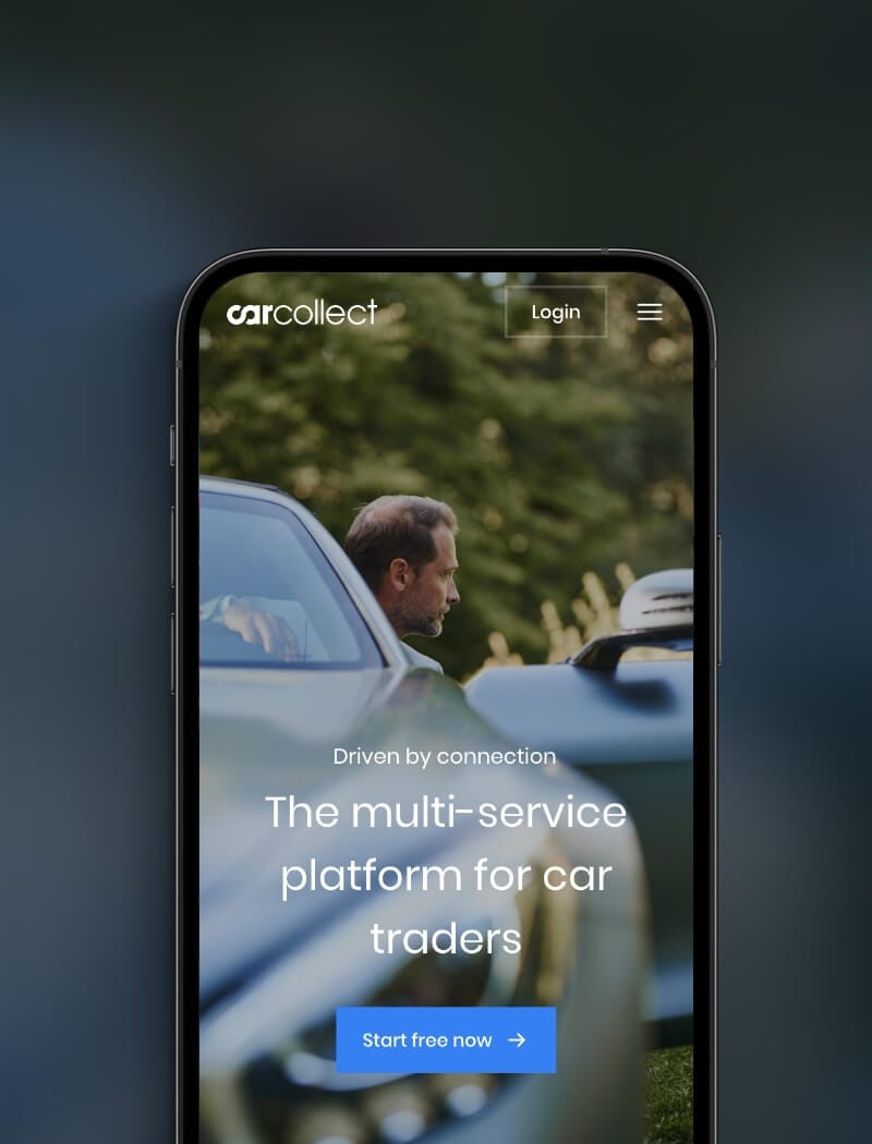 Smartphone toont een autohandel-app met een knop 'Start nu gratis'.