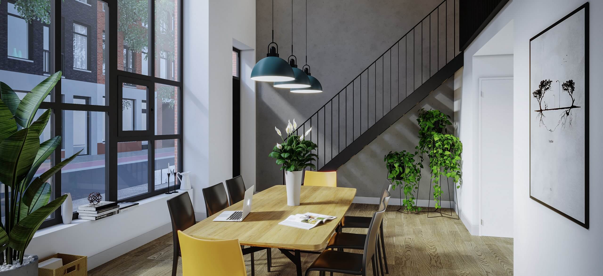 Lichte, moderne eethoek: houten tafel, stoelen, hanglampen, planten en een trap.