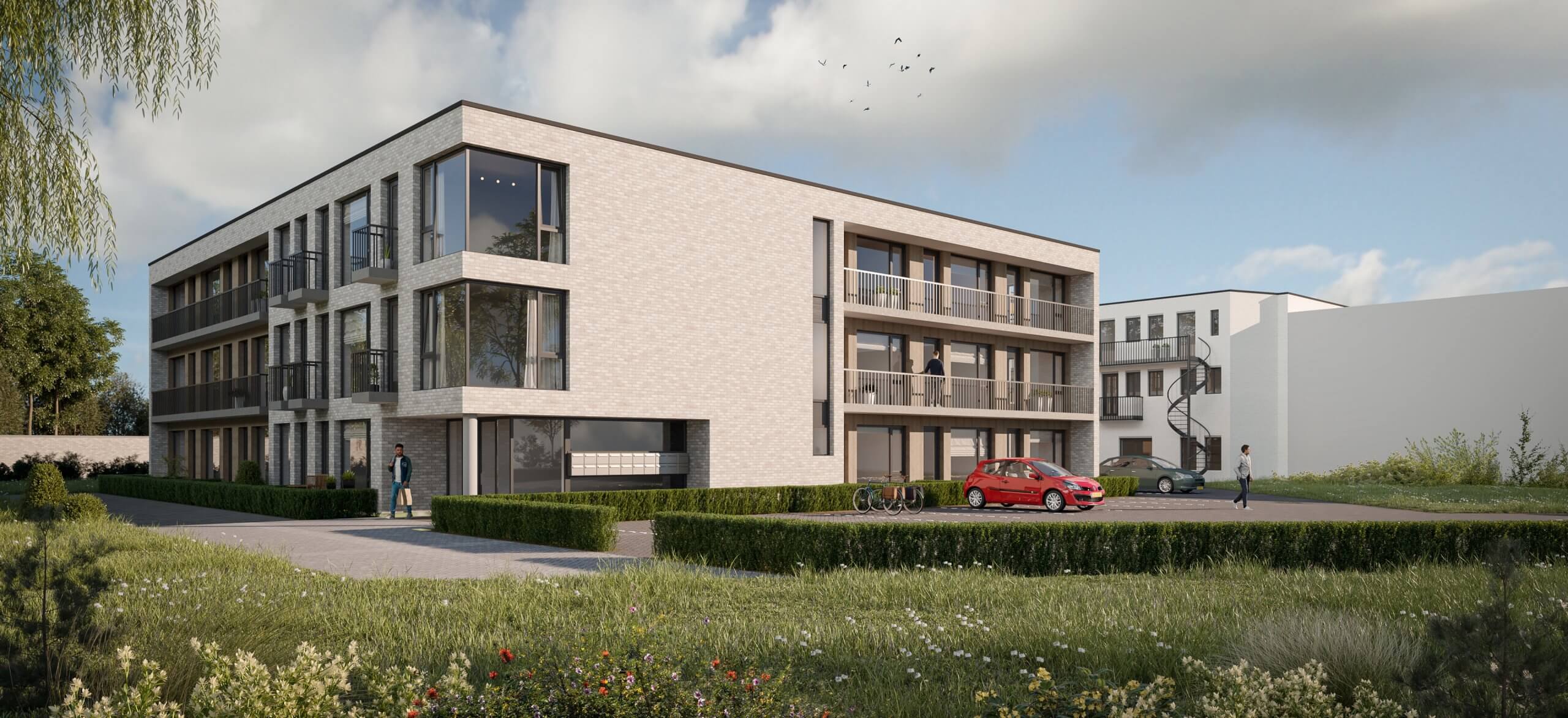 Chic appartement van drie verdiepingen met balkons, weelderig groen en een rode auto die vlakbij geparkeerd staat.