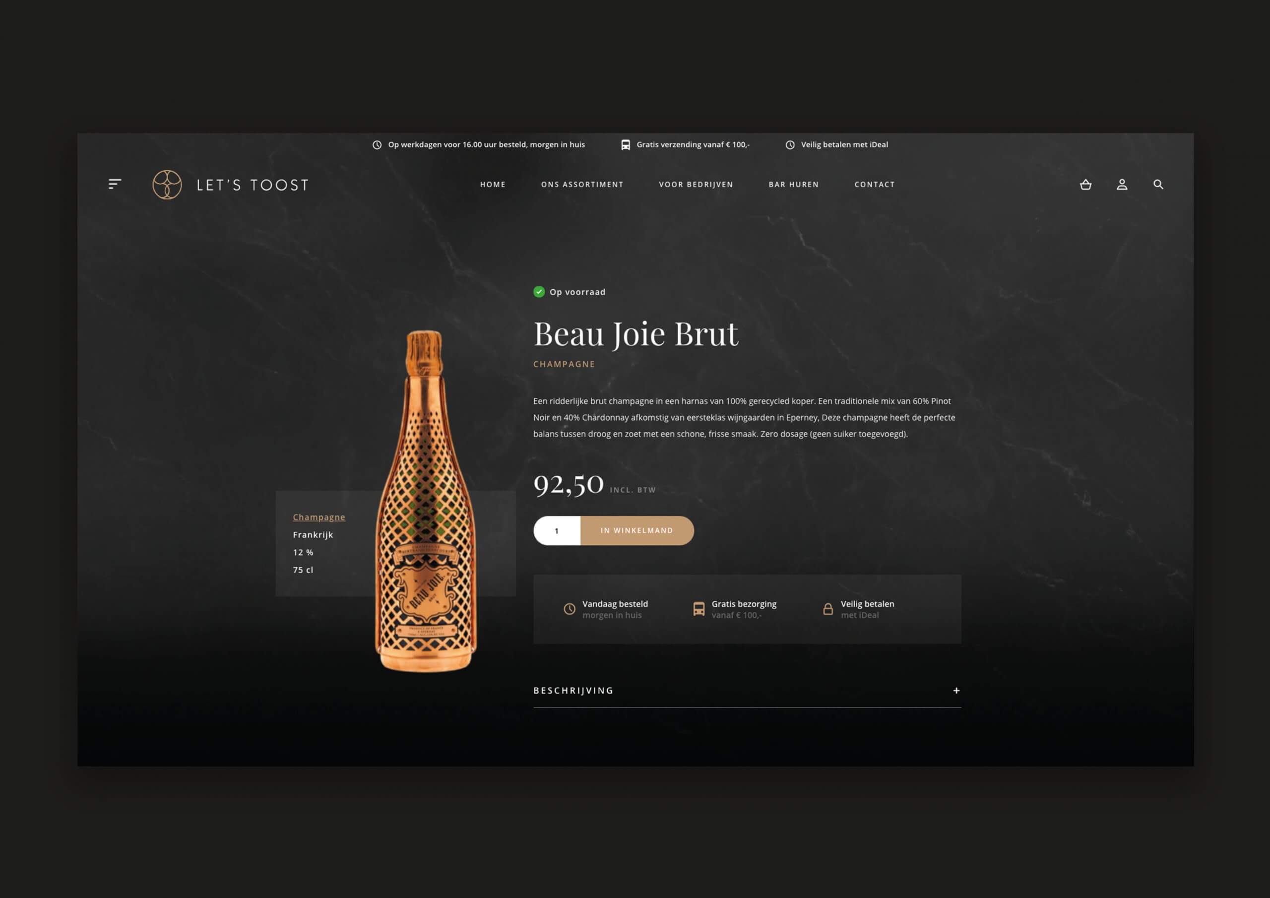 Webpagina met een donker thema en een fles champagne. Details en prijs: € 92,50.