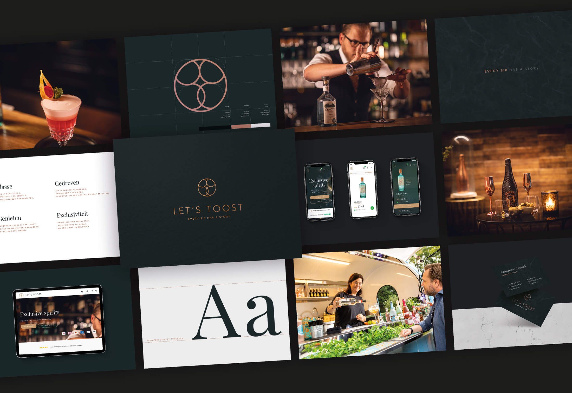 Let's Toost: een levendige mix van barscènes, menukunst, webdesign en afbeeldingen van drankjes.