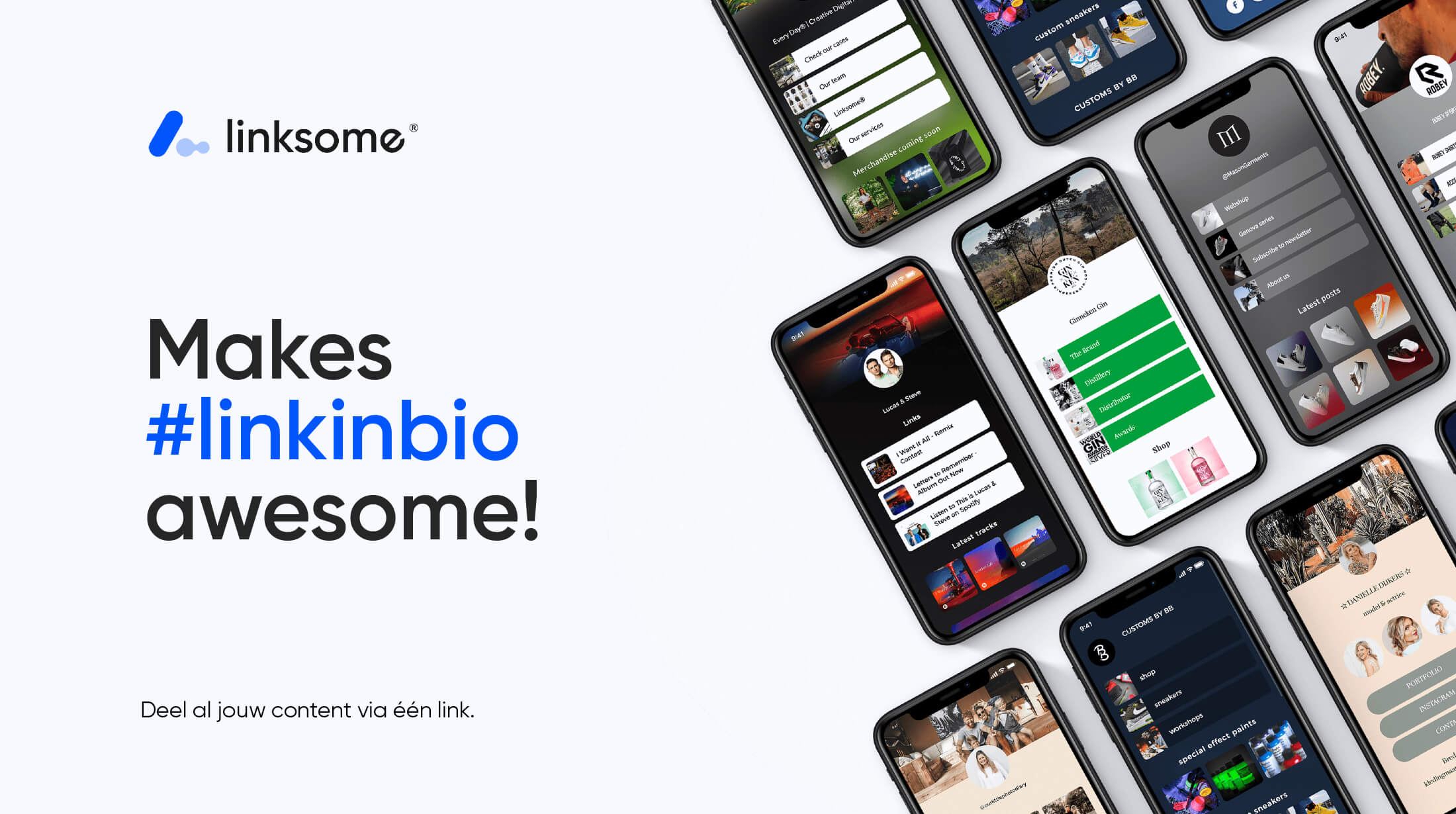 Smartphones tonen linkinbio-apps met de tekst: "Maak #linkinbio geweldig!.