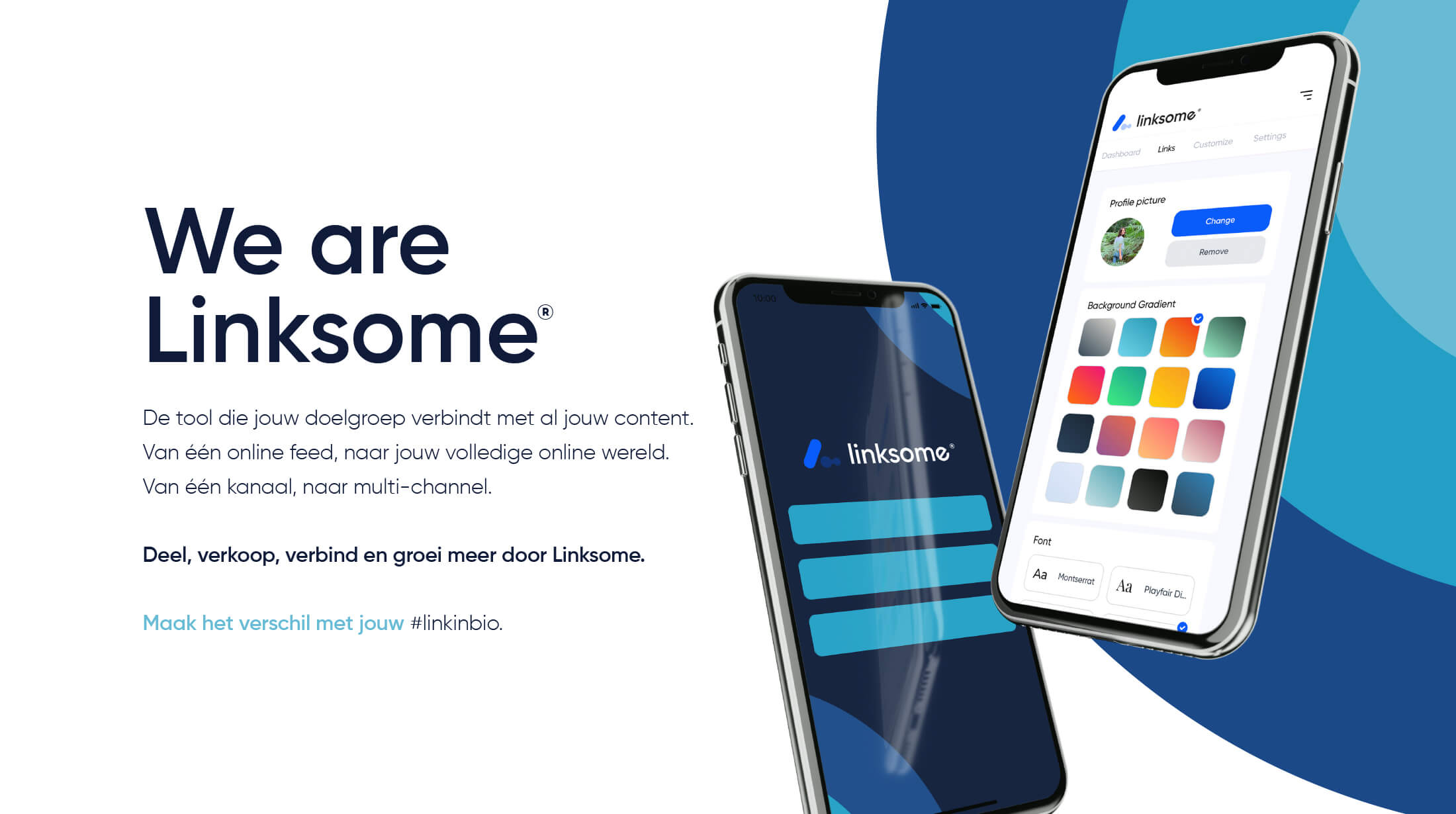 Twee smartphones met de Linksome-app, met in het blauw de tekst 'We are Linksome'.