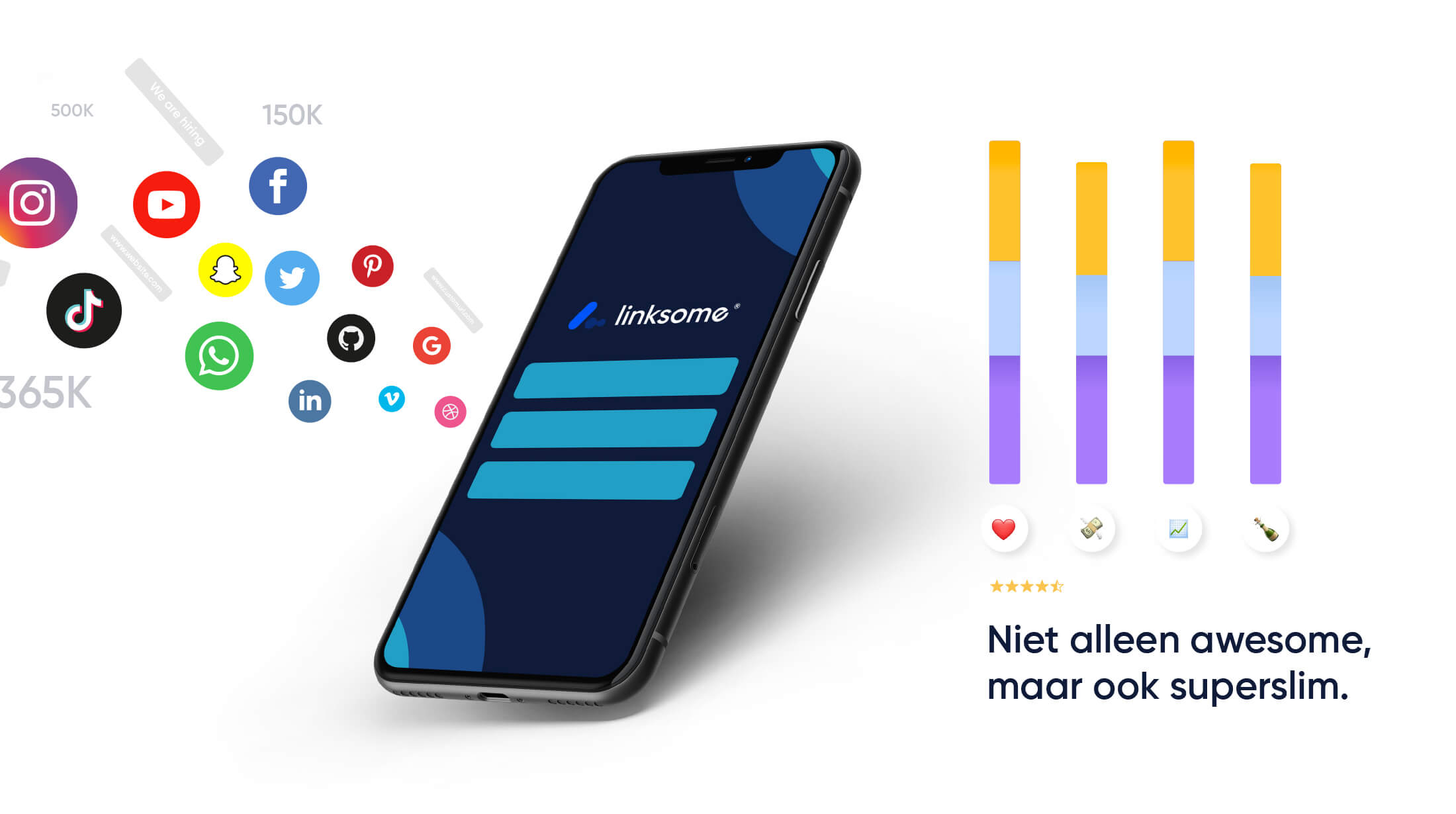 Smartphone met de Linksome-app met sociale pictogrammen en strakke staafdiagrammen; Nederlandse tekst eronder.