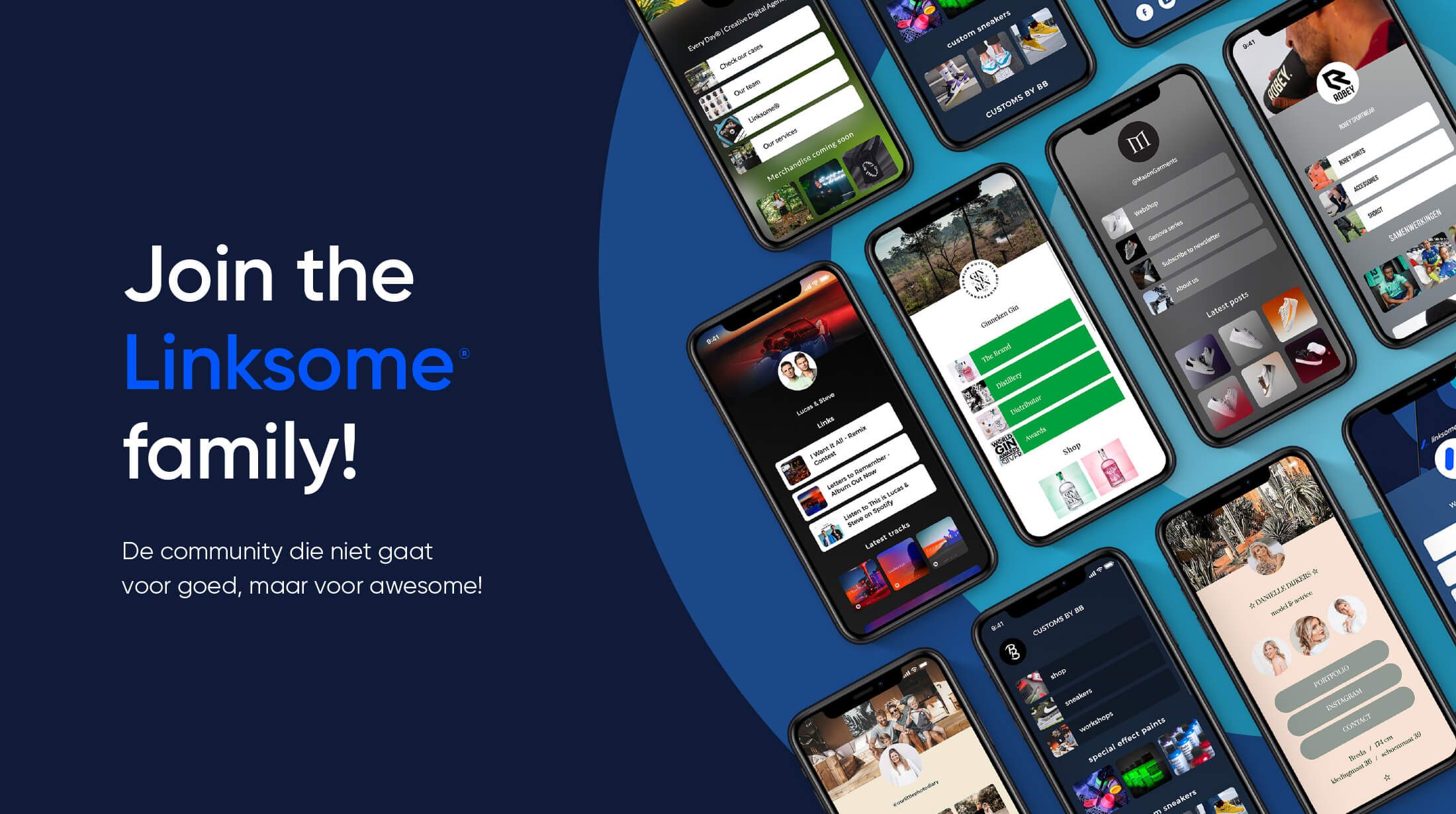 Smartphones tonen app-interfaces. Tekst: "Word lid van de Linksome-familie!.