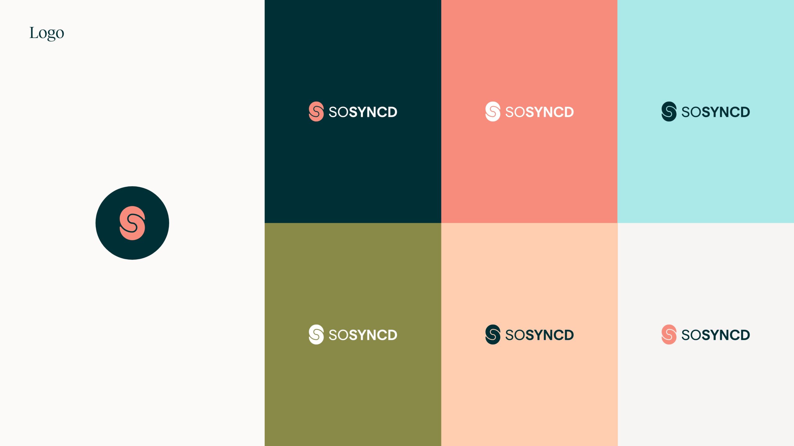 Dus Syncd-logo's worden weergegeven op een raster met achtergronden in de kleuren marineblauw, koraalrood, groen, perzik en blauwgroen.