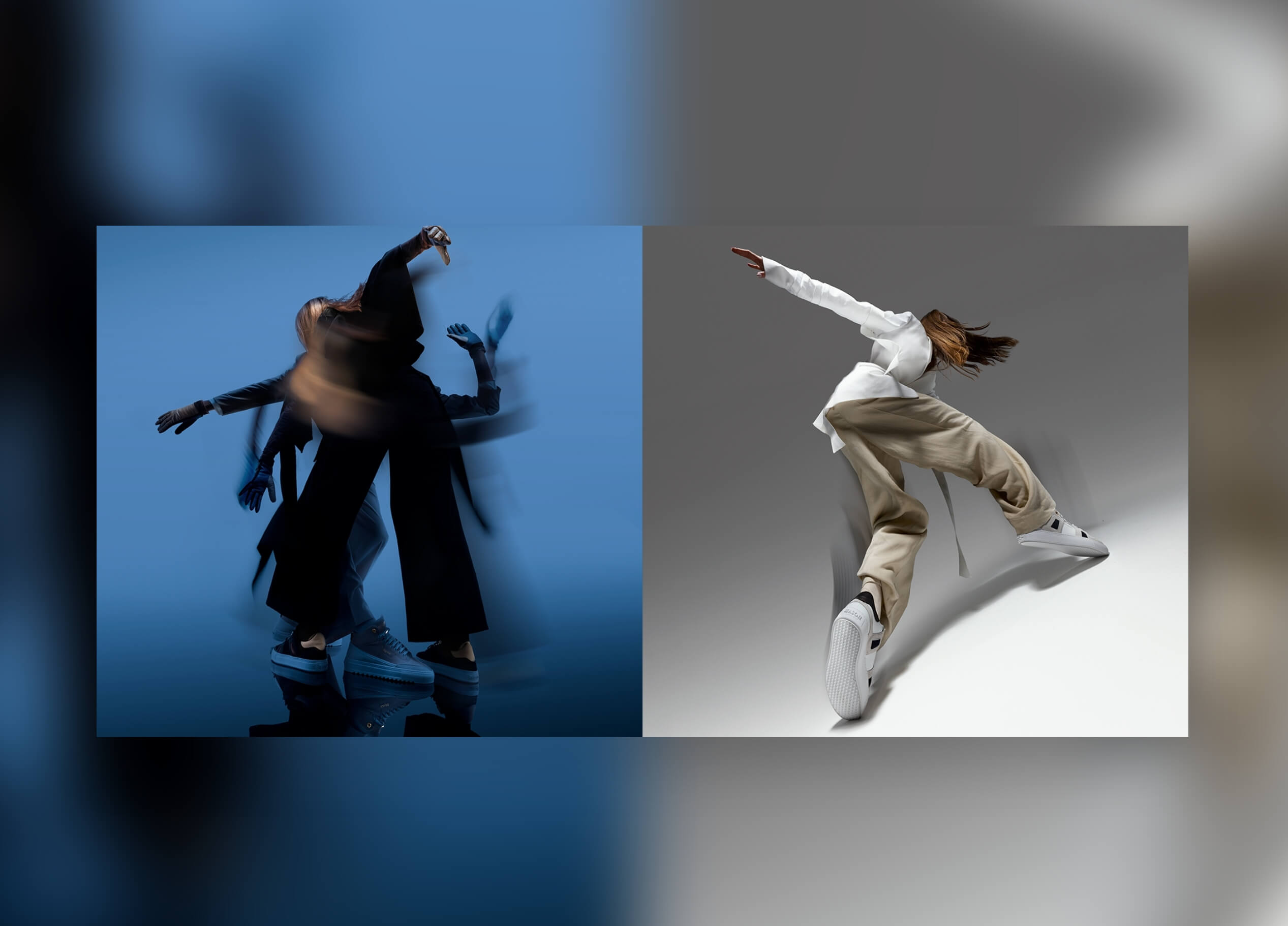 Twee dansers: de een beweegt vloeiend, de ander springt met gestrekte benen, beiden op de grond genageld door stijlvolle Mason Garments.