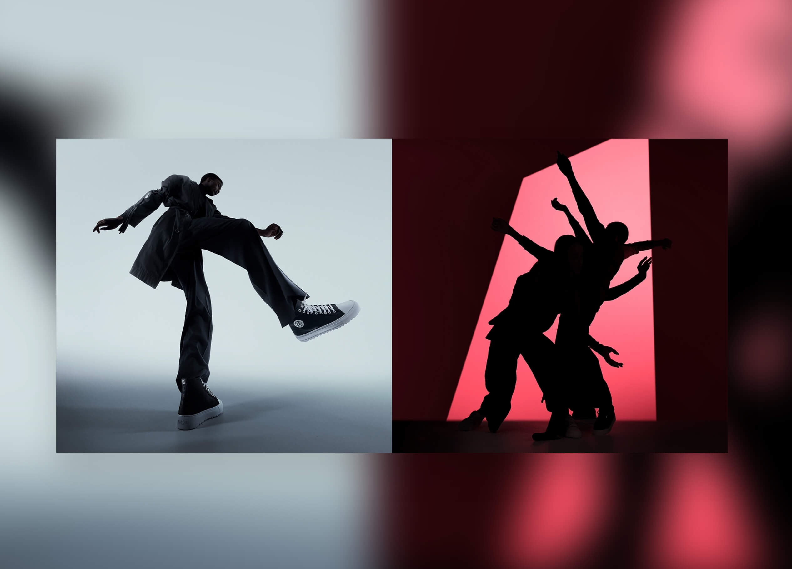 Dansers schitteren tegen een rode achtergrond: de een beweegt, de ander vormt een silhouet, als kunst in beweging, elegant als Mason Garments.