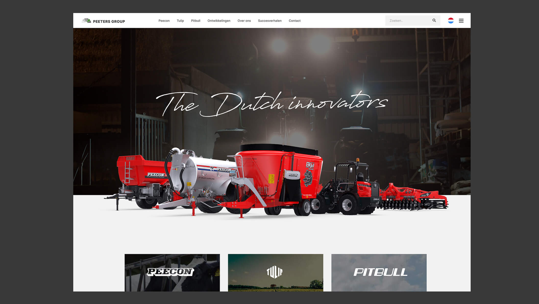 Op de homepage staat geavanceerde landbouwapparatuur met de opvallende kop 'De Nederlandse Innovators', waarmee de expertise van Peeters Group wordt benadrukt.