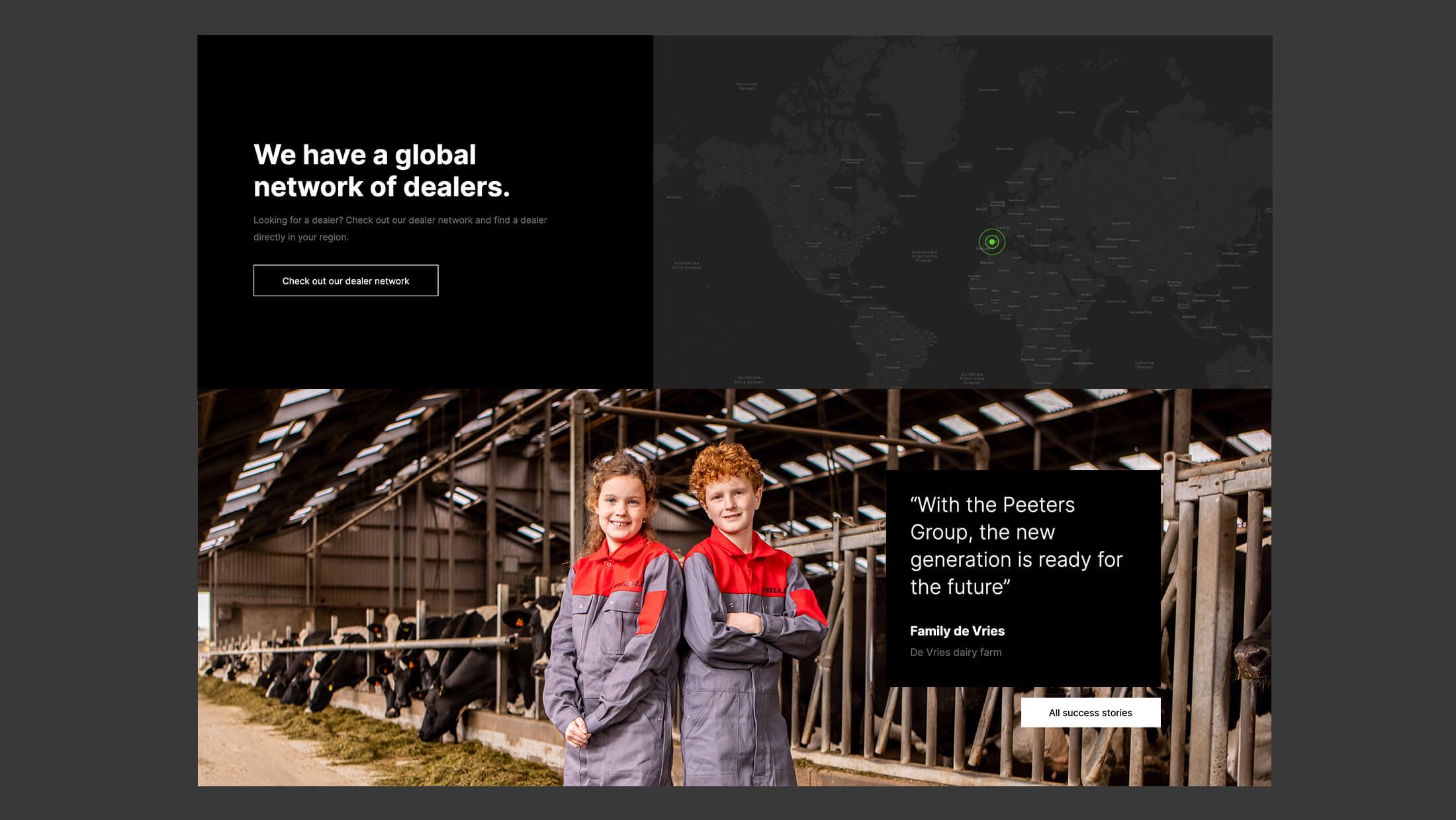 Twee mensen staan in een schuur met werkkleding, wat de ambitie van Peeters Group voor een sterk wereldwijd dealernetwerk en toekomstbestendigheid benadrukt.