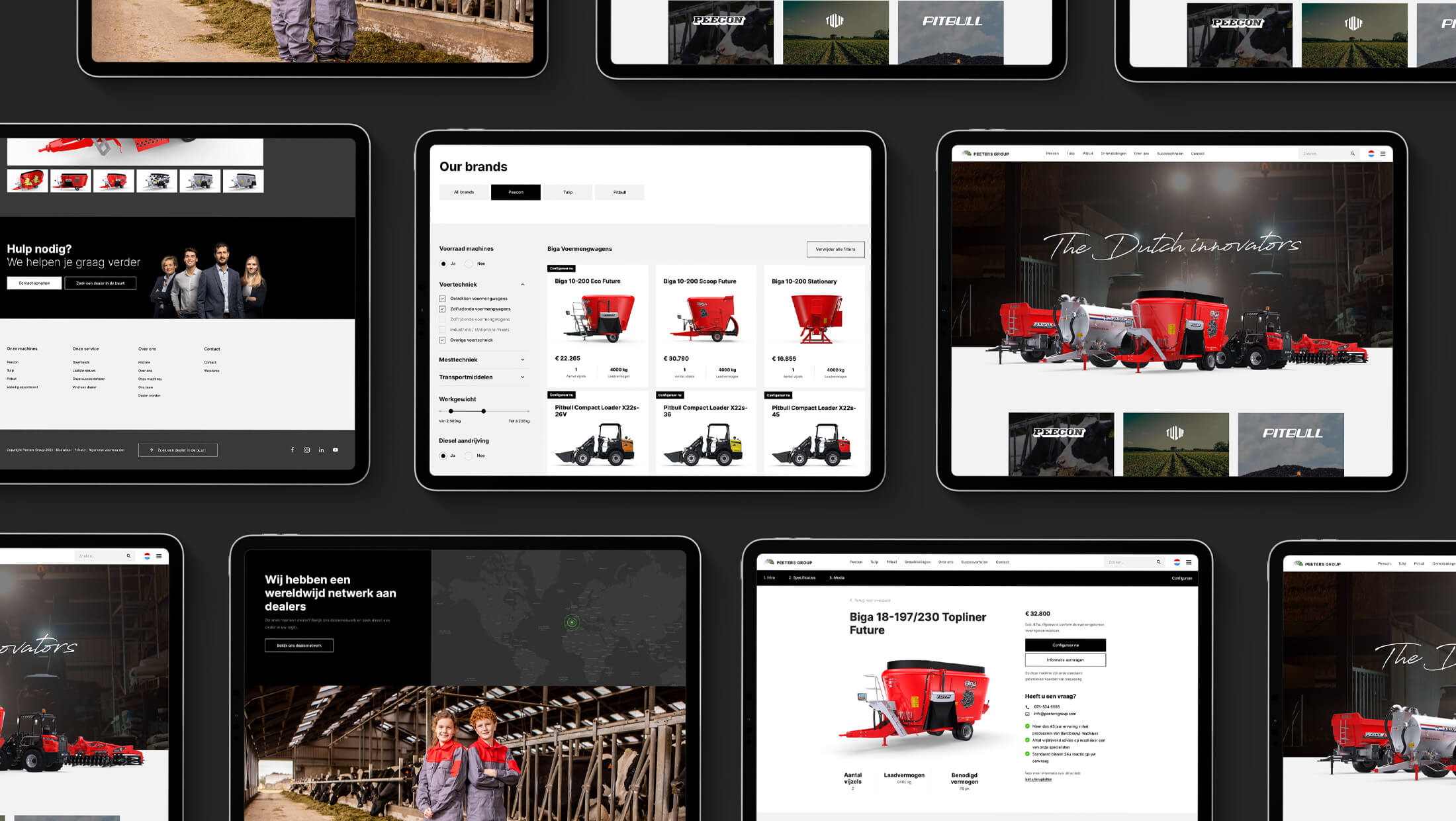 Op tabletschermen is het terrein van Peeters Group te zien, met rode landbouwmachines en afbeeldingen van boeren.