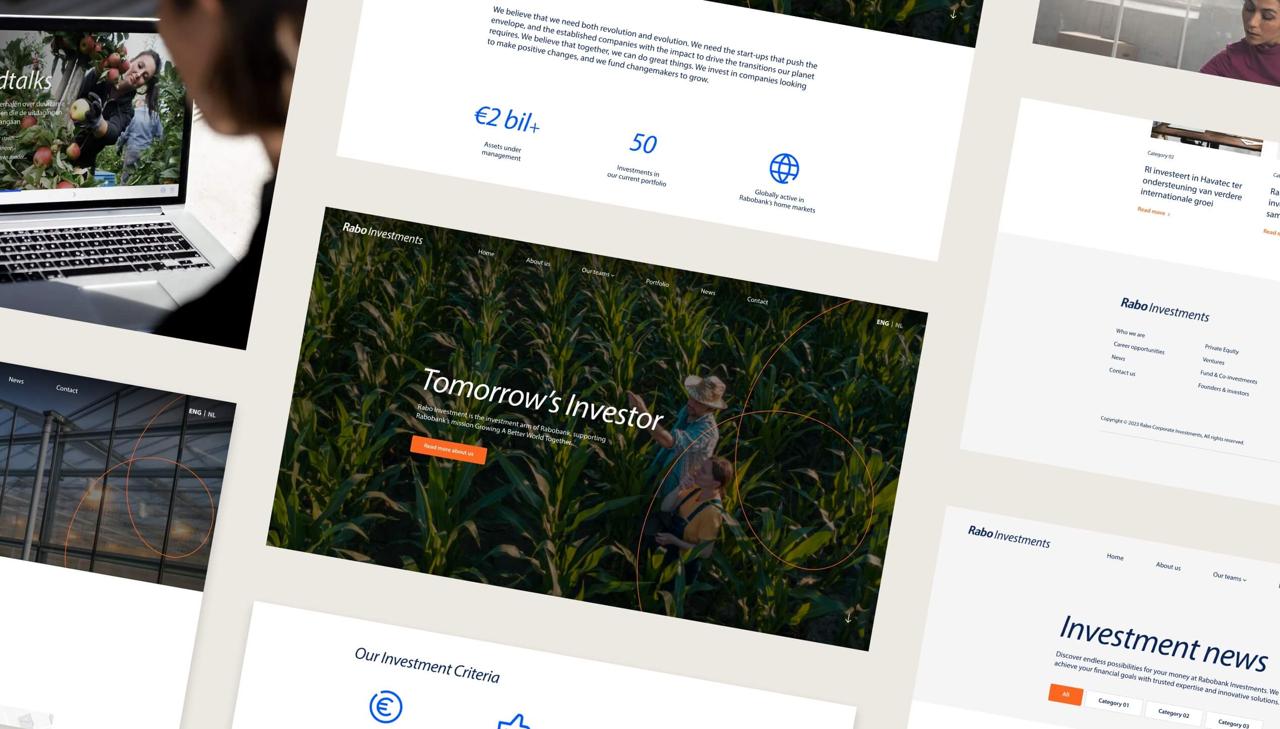 Collage van beleggingssite: landbouwbeelden gecombineerd met visuele financiële gegevens.