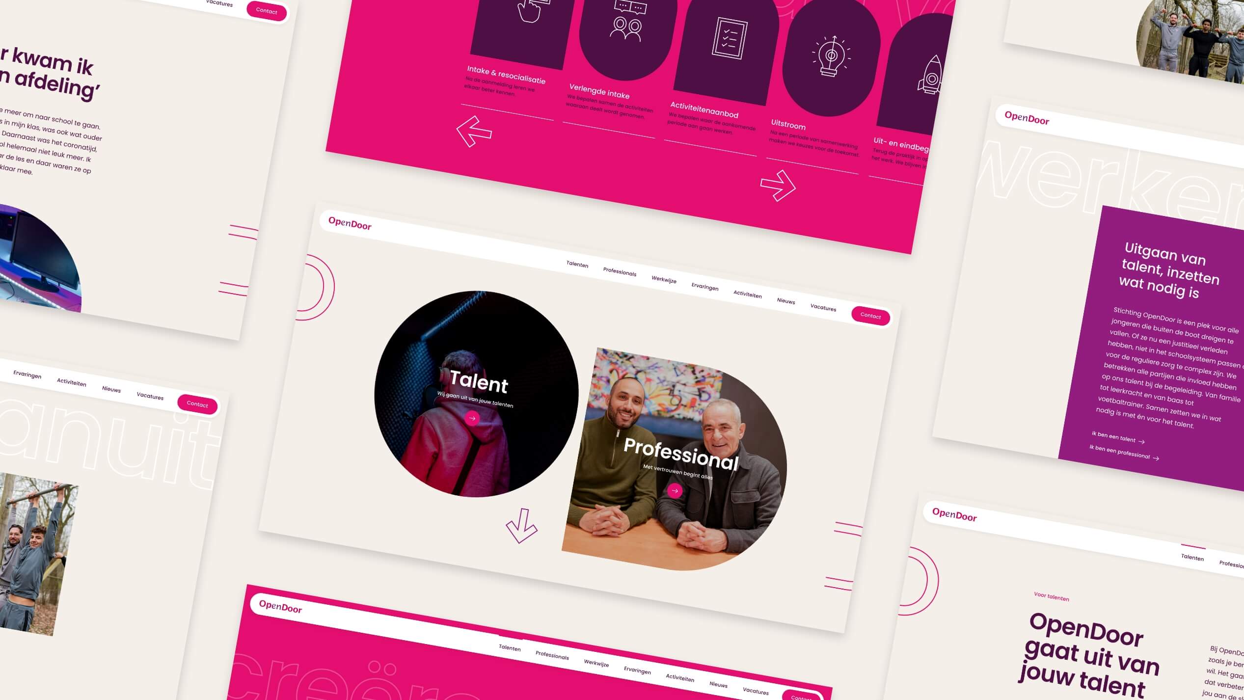 Opvallende roze/witte tijdschriftopmaak met cirkelvormige afbeeldingen en Nederlandse tekst over talent, door Stichting OpenDoor.