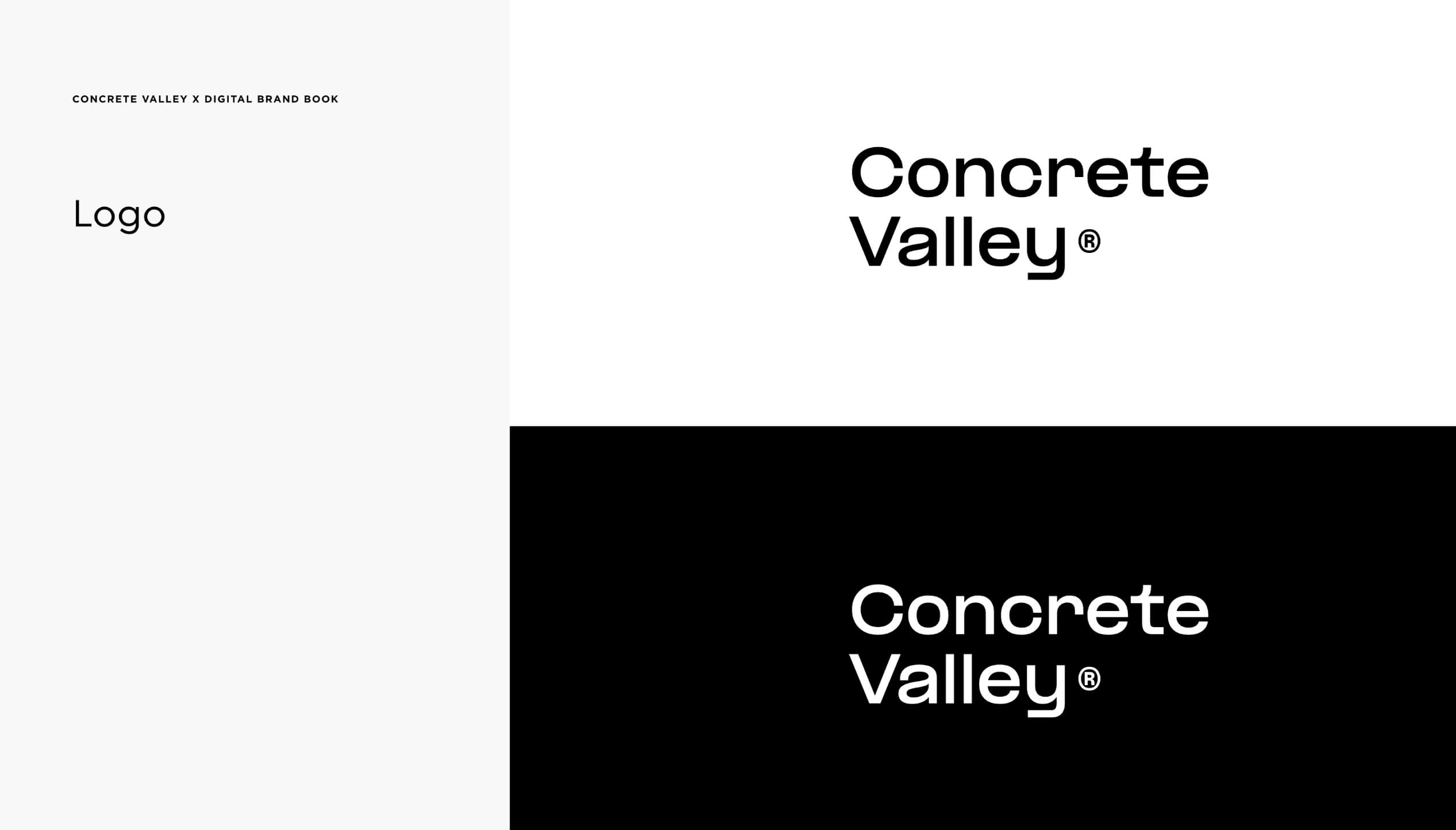 Concrete Valley®-logo's: zwart-op-wit en wit-op-zwart versies beschikbaar.