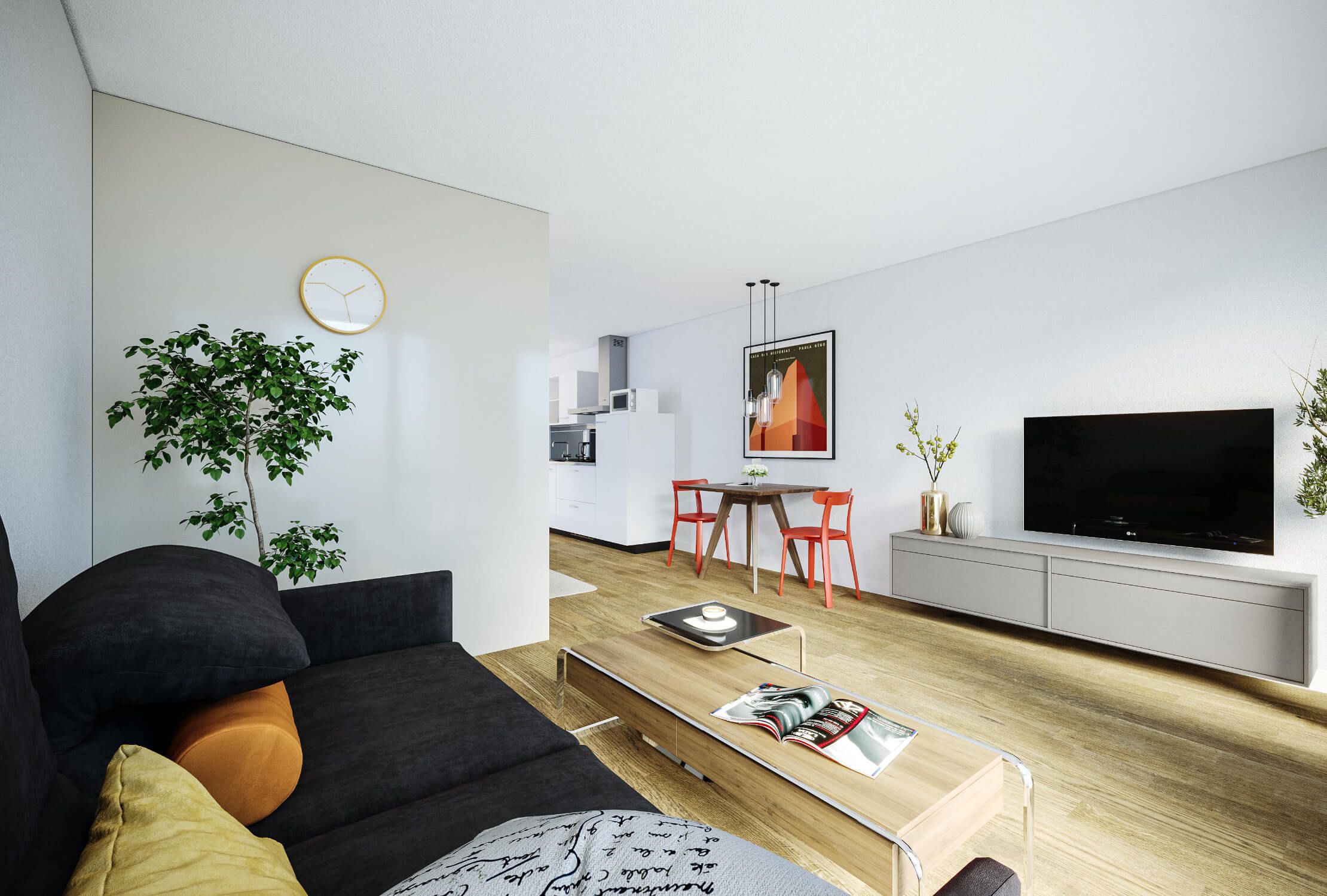 Stijlvolle woonkamer: zwarte bank, tv, eettafel, planten, lichte muren en houten vloer.