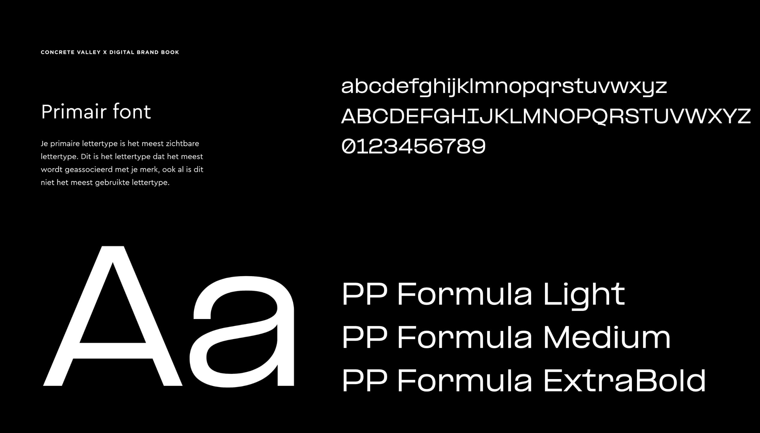 Witte tekst op zwart: toont lettertypen met kleine letters, hoofdletters, cijfers en verschillende diktes.