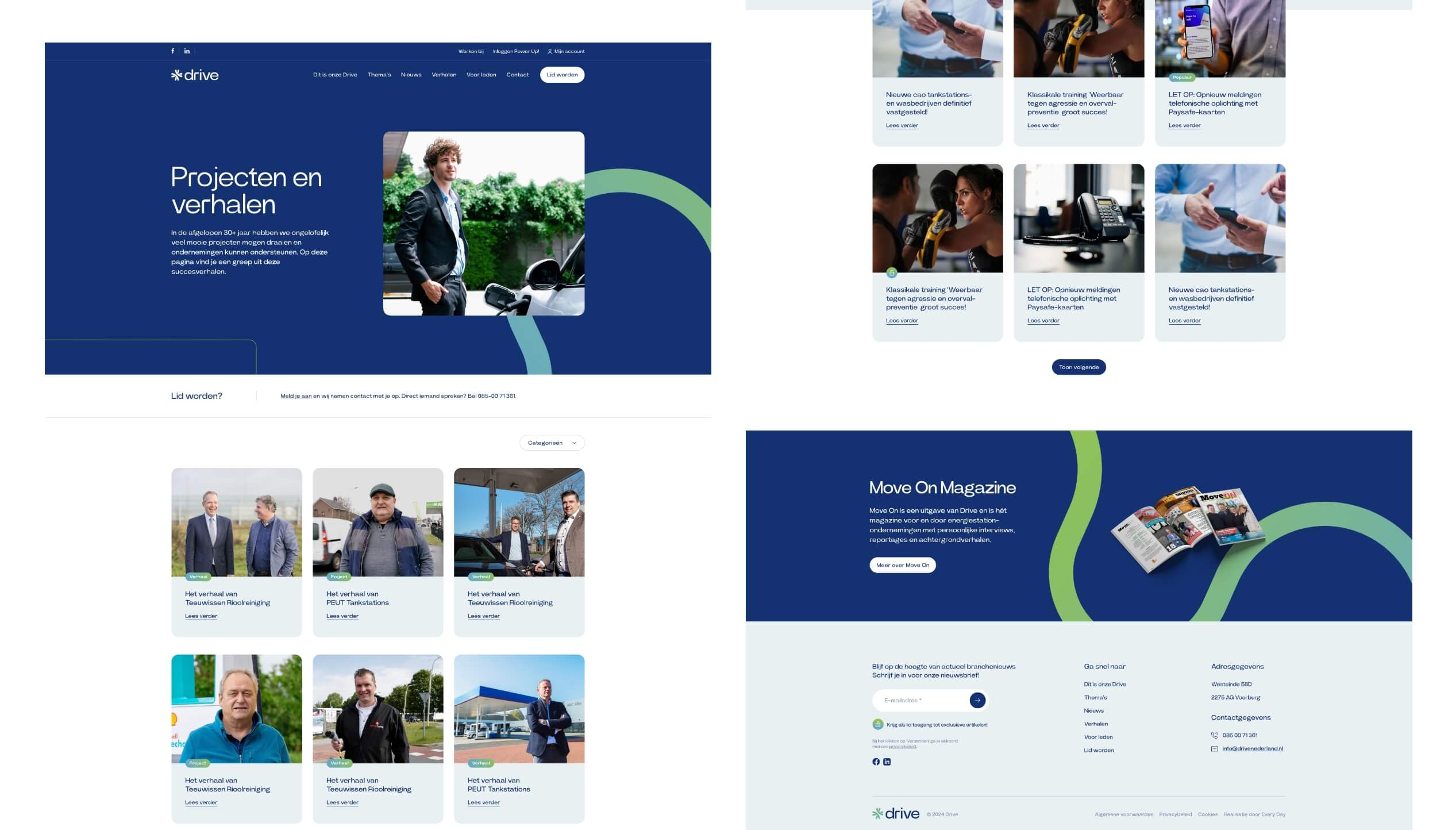 Projectverhalen, foto's van mensen en Move On Magazine worden op de website vermeld.