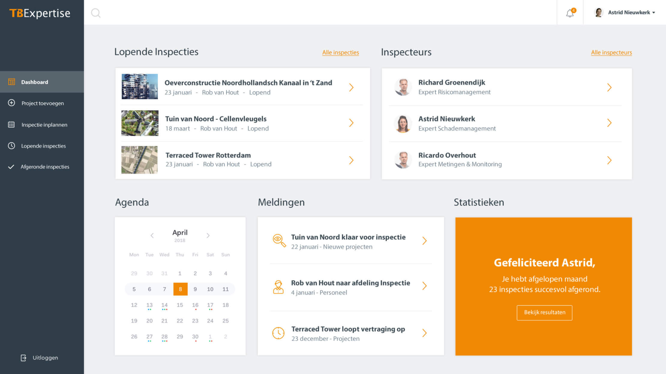 Dashboard: Inspecties, profielen, agenda, waarschuwingen en lof voor Astrid. TB Expertise zorgt voor betrouwbare beoordelingen.