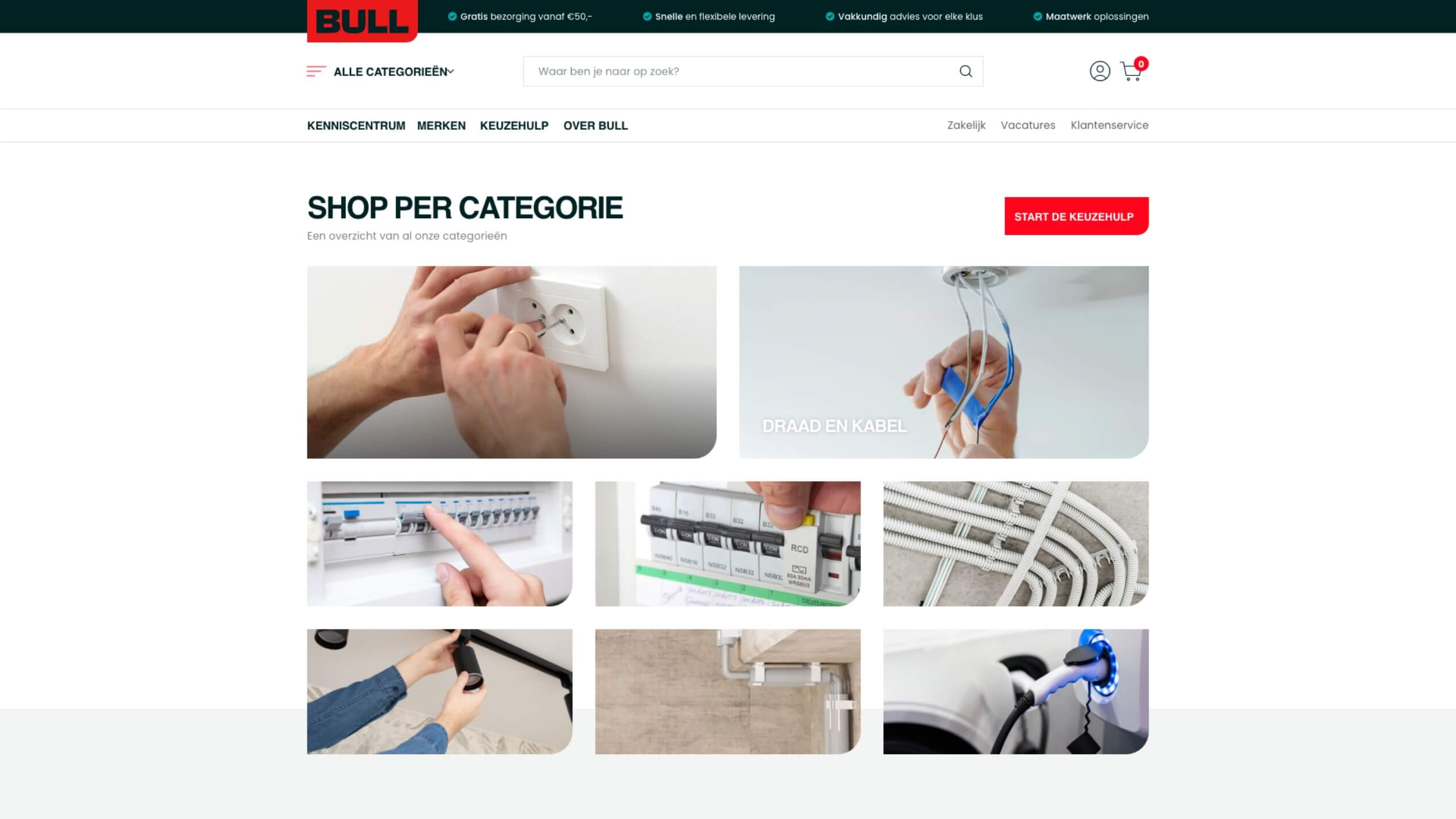 Homepage met elektrische benodigdheden: stopcontacten, kabels, stroomonderbrekers en meer. #HardwareEssentials.