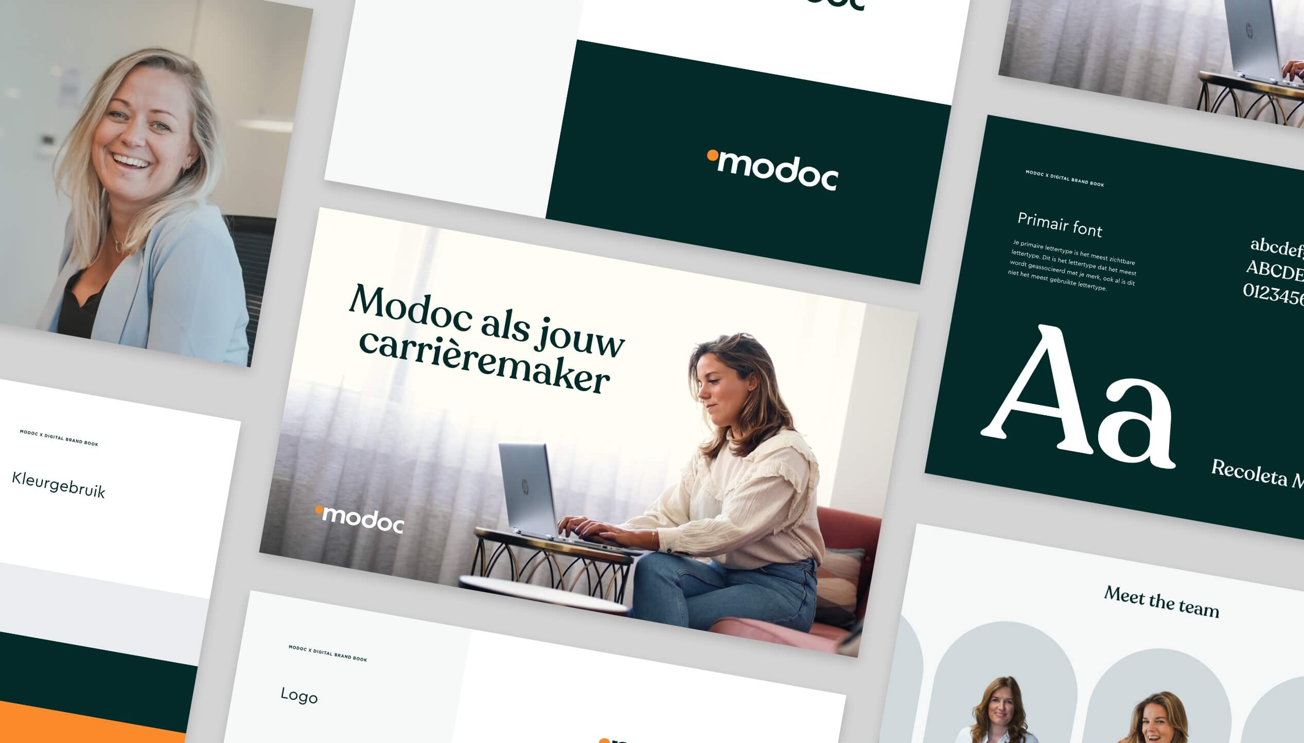 Brandingcollage: vrouw op laptop, tekst 'Modoc als jouw carrièremaker' en logo's.