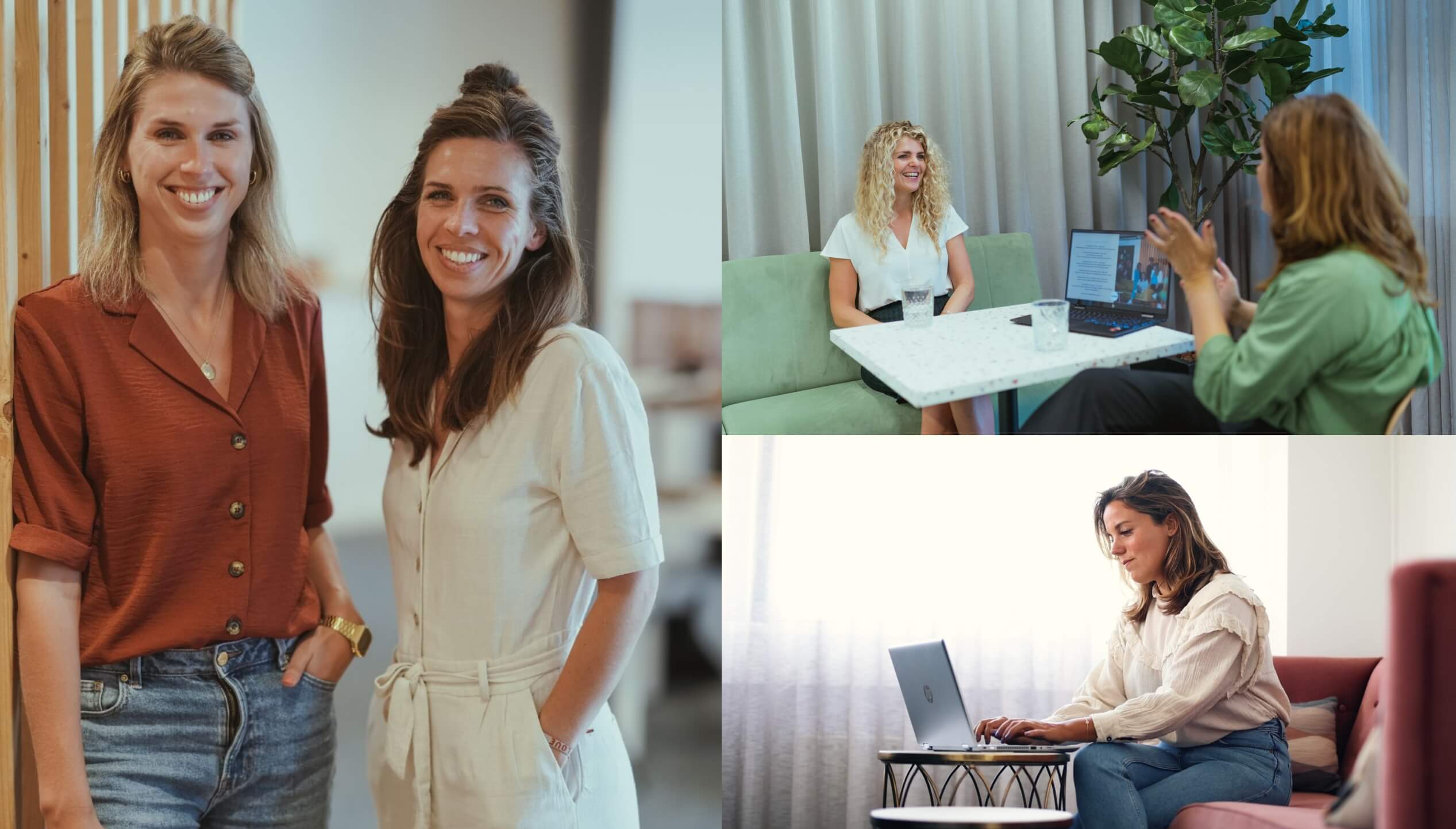 Twee vrouwen lachen; de een in een vergadering, de ander op haar laptop.