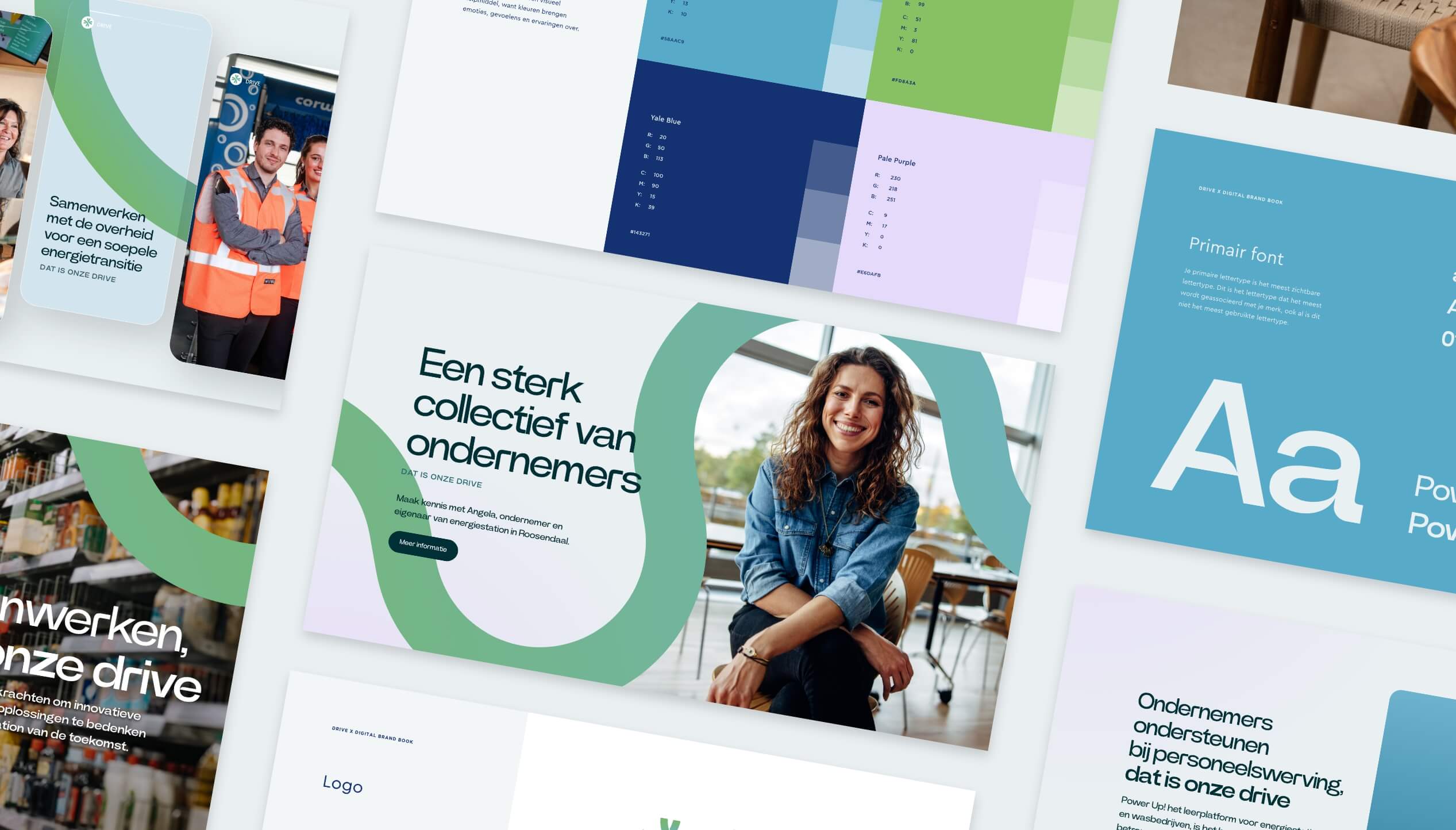 Zakelijke collage: Lachende persoon met grafische elementen en tekst.