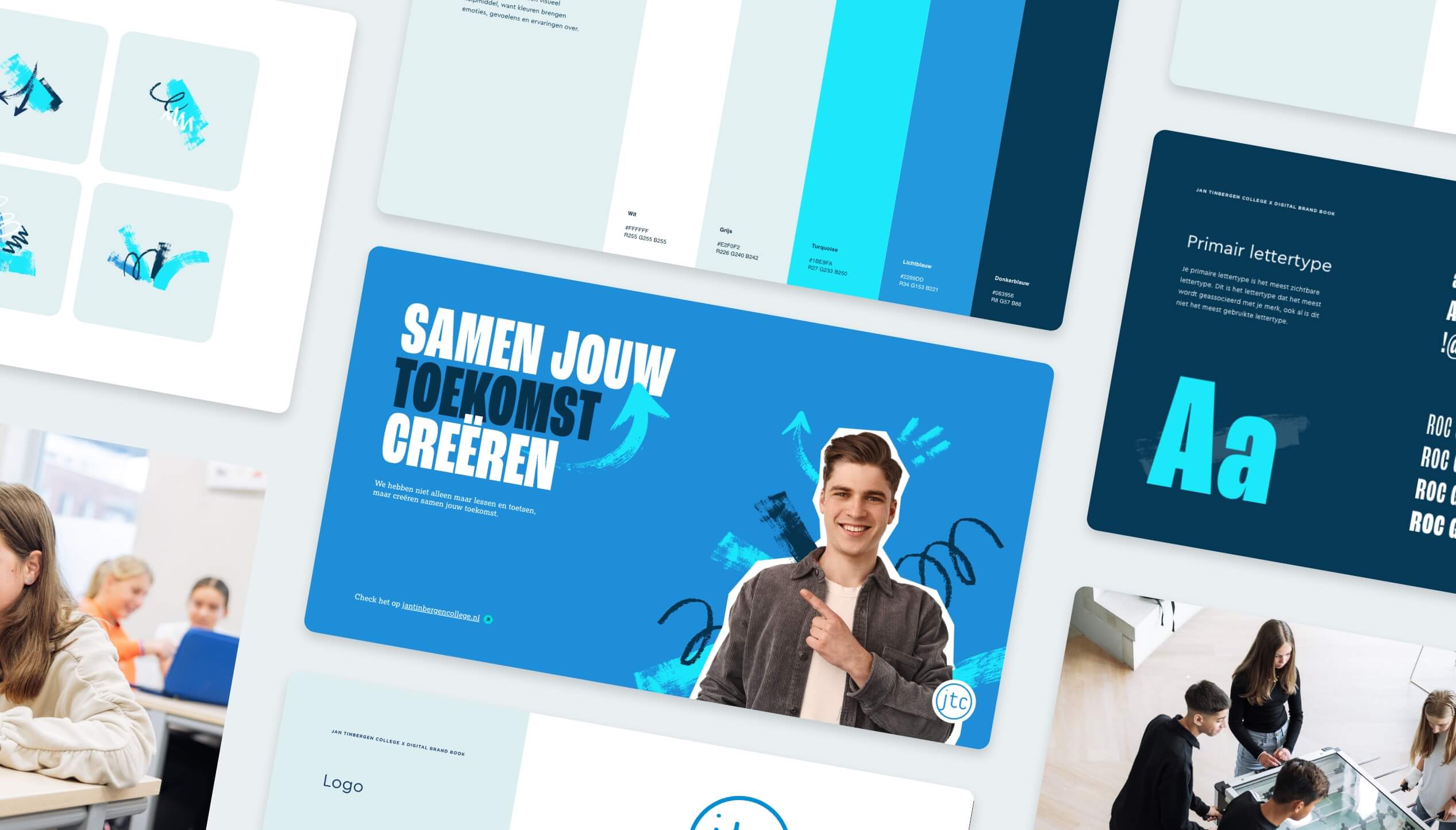 Brandingcollage: ontwerpen, kleuren, typografie + een lachende duim omhoog op een blauwe achtergrond.