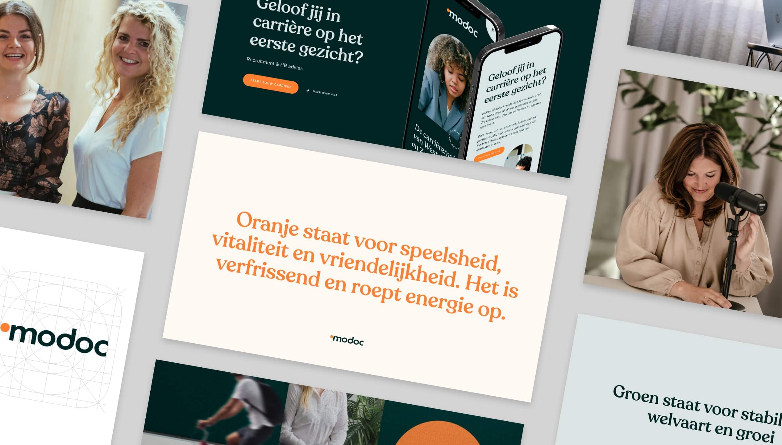 Collage: Mensen, Nederlandse tekst, smartphone met website.