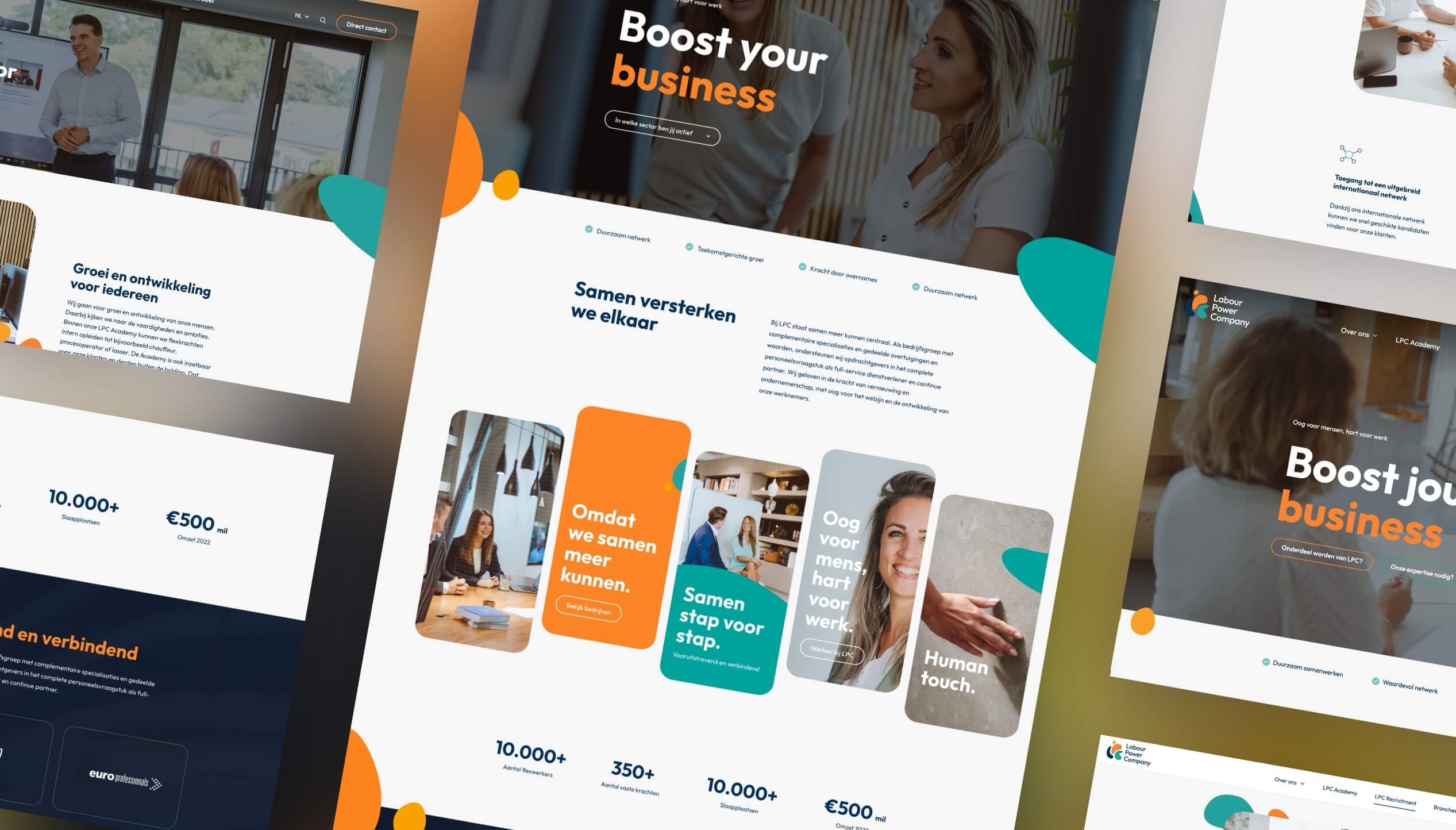 Een moderne zakelijke collage van webpagina's met diverse afbeeldingen en Nederlandse tekst.