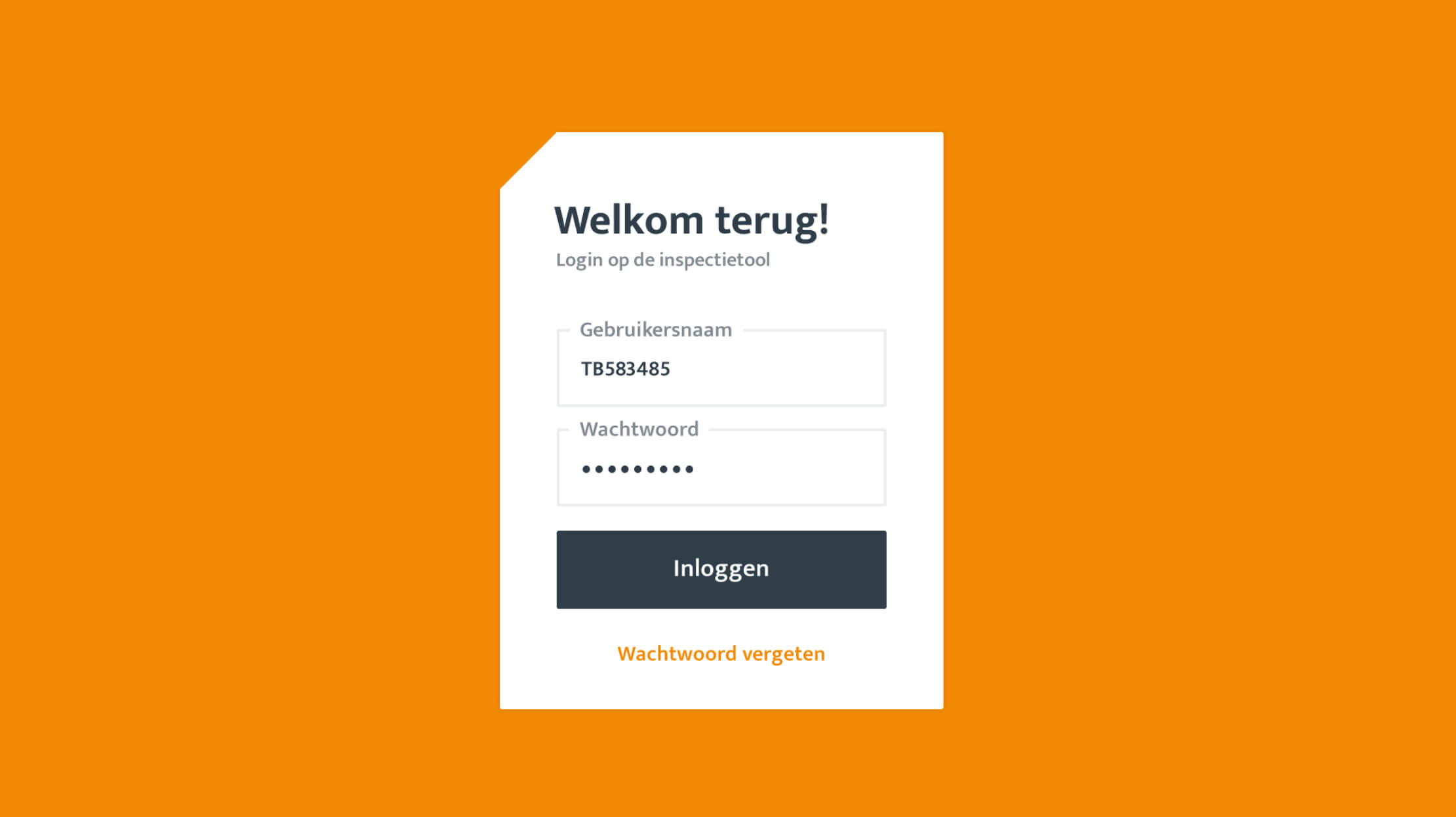Het inlogscherm van TB Expertise Nederland is feloranje en bevat velden voor gebruikersnaam en wachtwoord.