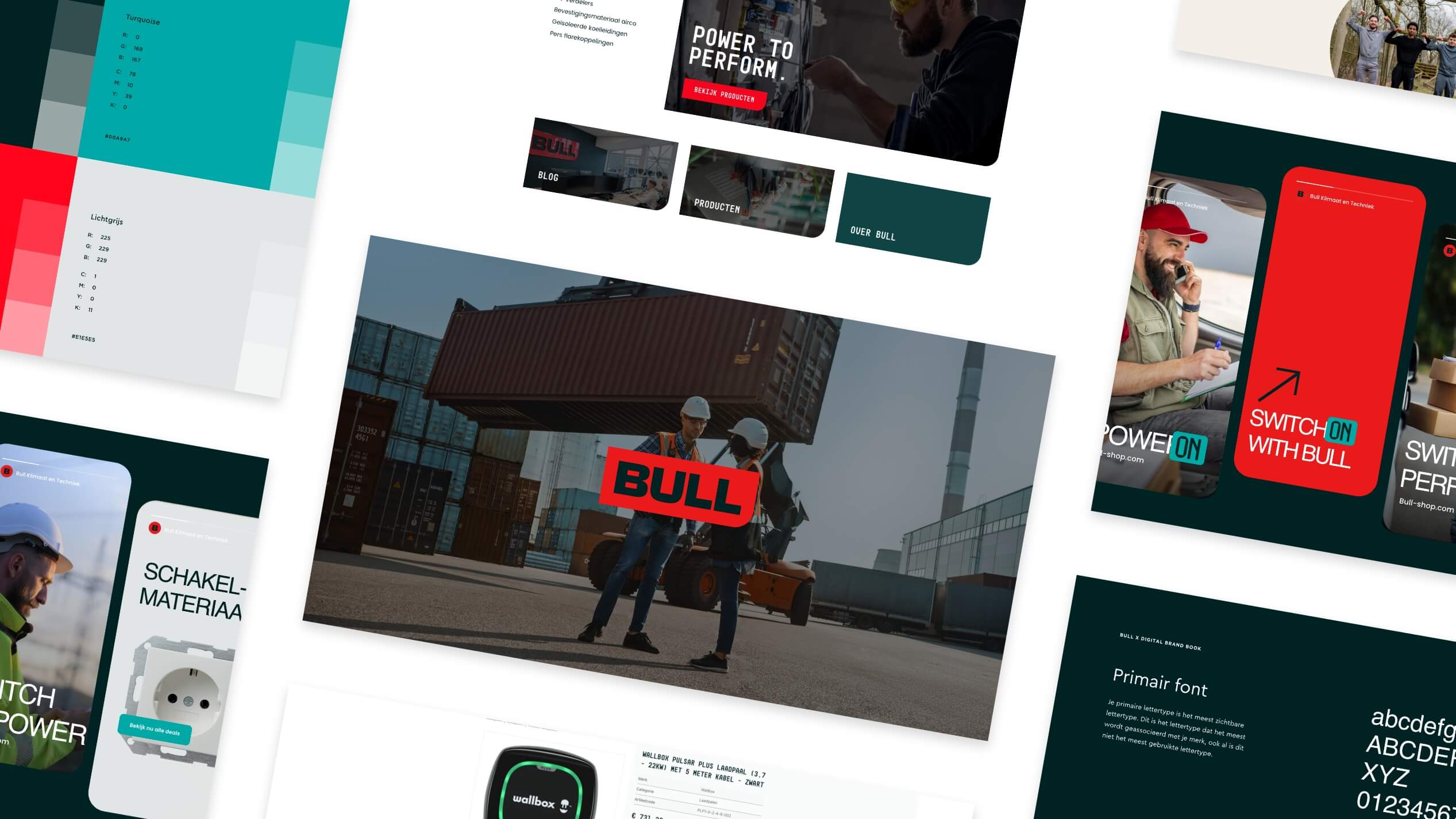 Collage: Webdesignelementen + centraal BULL-bord vastgehouden door havenarbeiders.