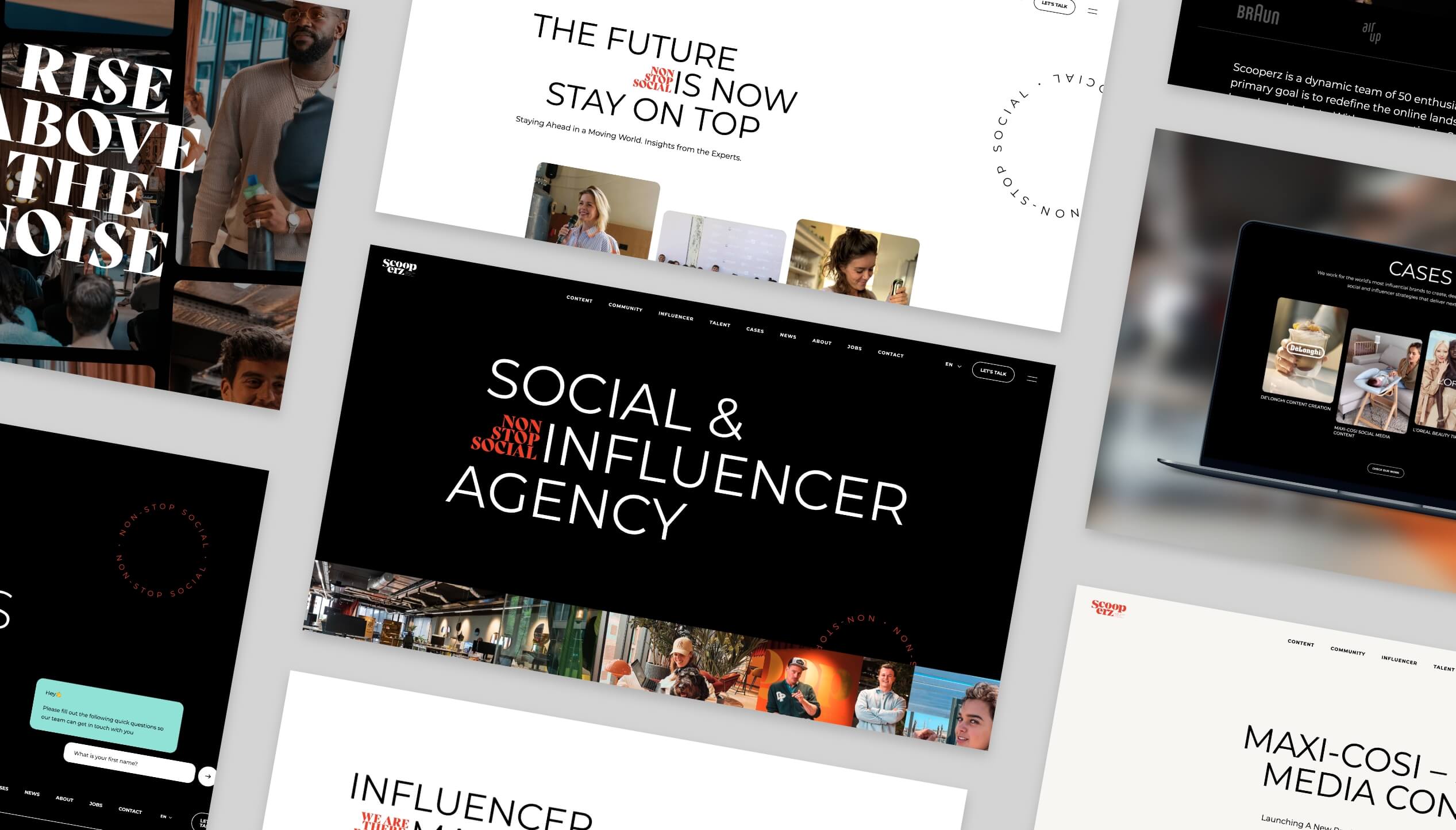 Een collage van websites van Scooperz-influencerbureaus benadrukt opvallende teksten en diverse, boeiende afbeeldingen.