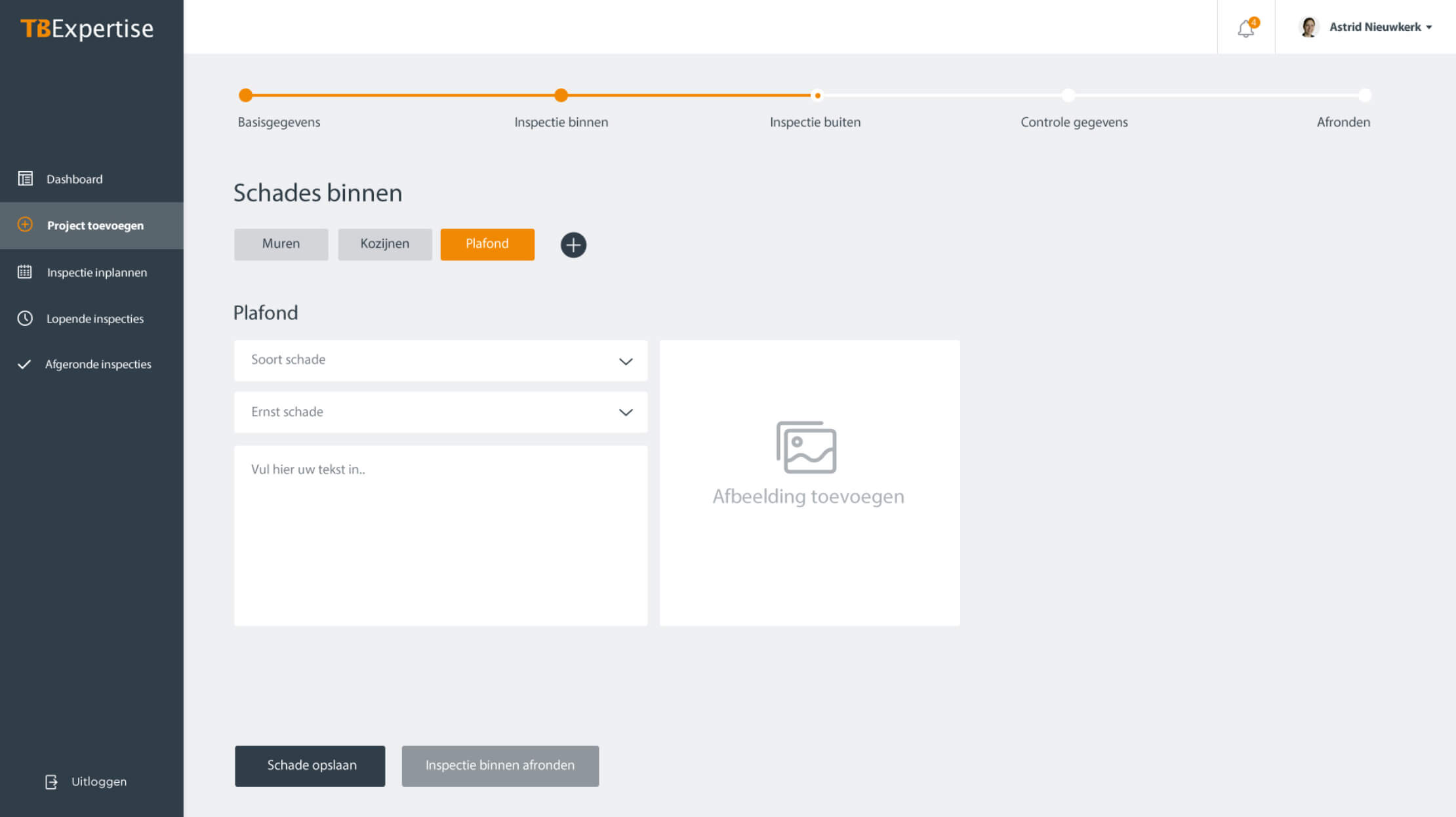 Schaderapport toevoegen: Kies type, ernst, upload afbeelding met TB Expertise.