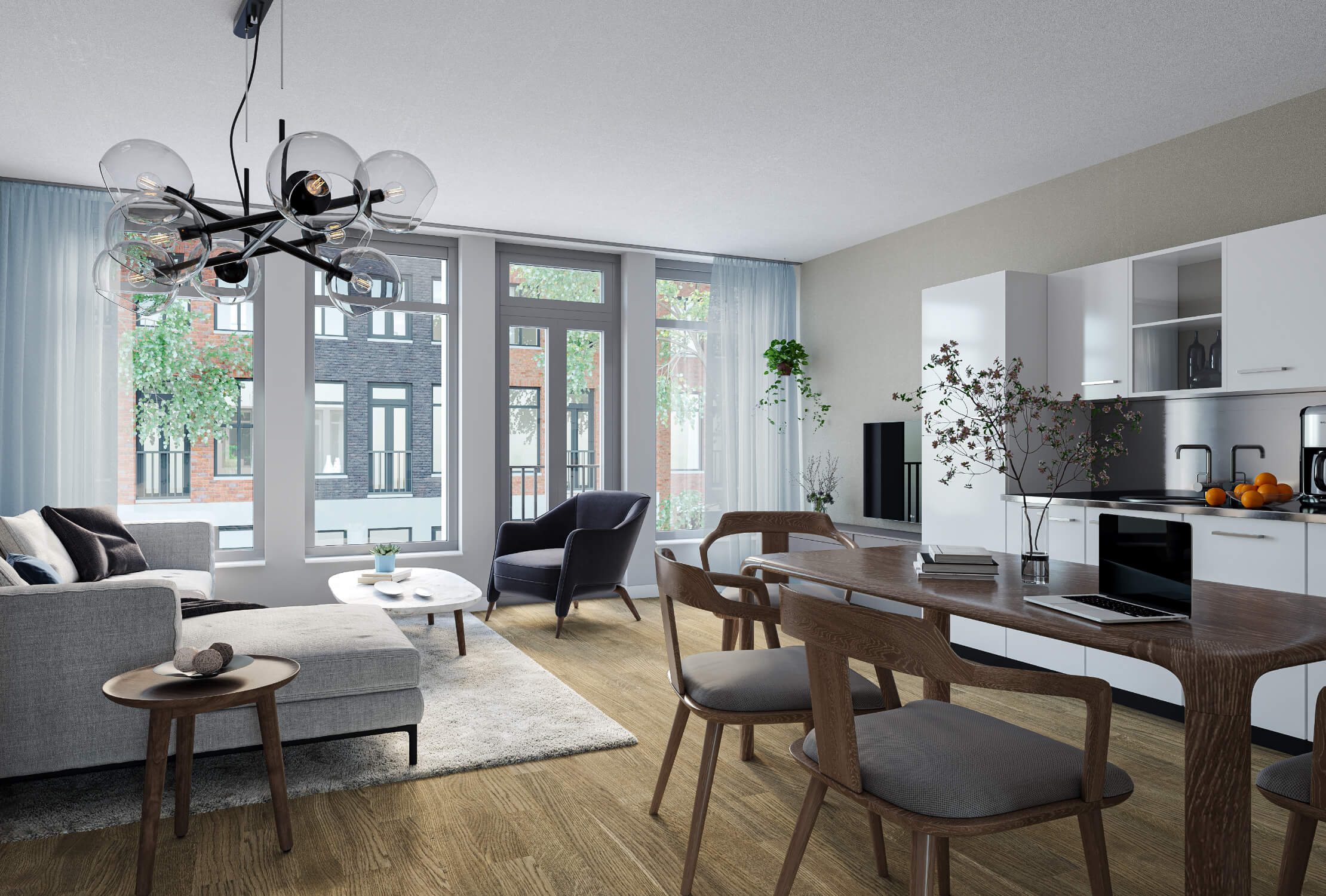 Moderne woon-eetkamer: grijze bank, houten stoelen, moderne keuken, grote ramen met vitrage.