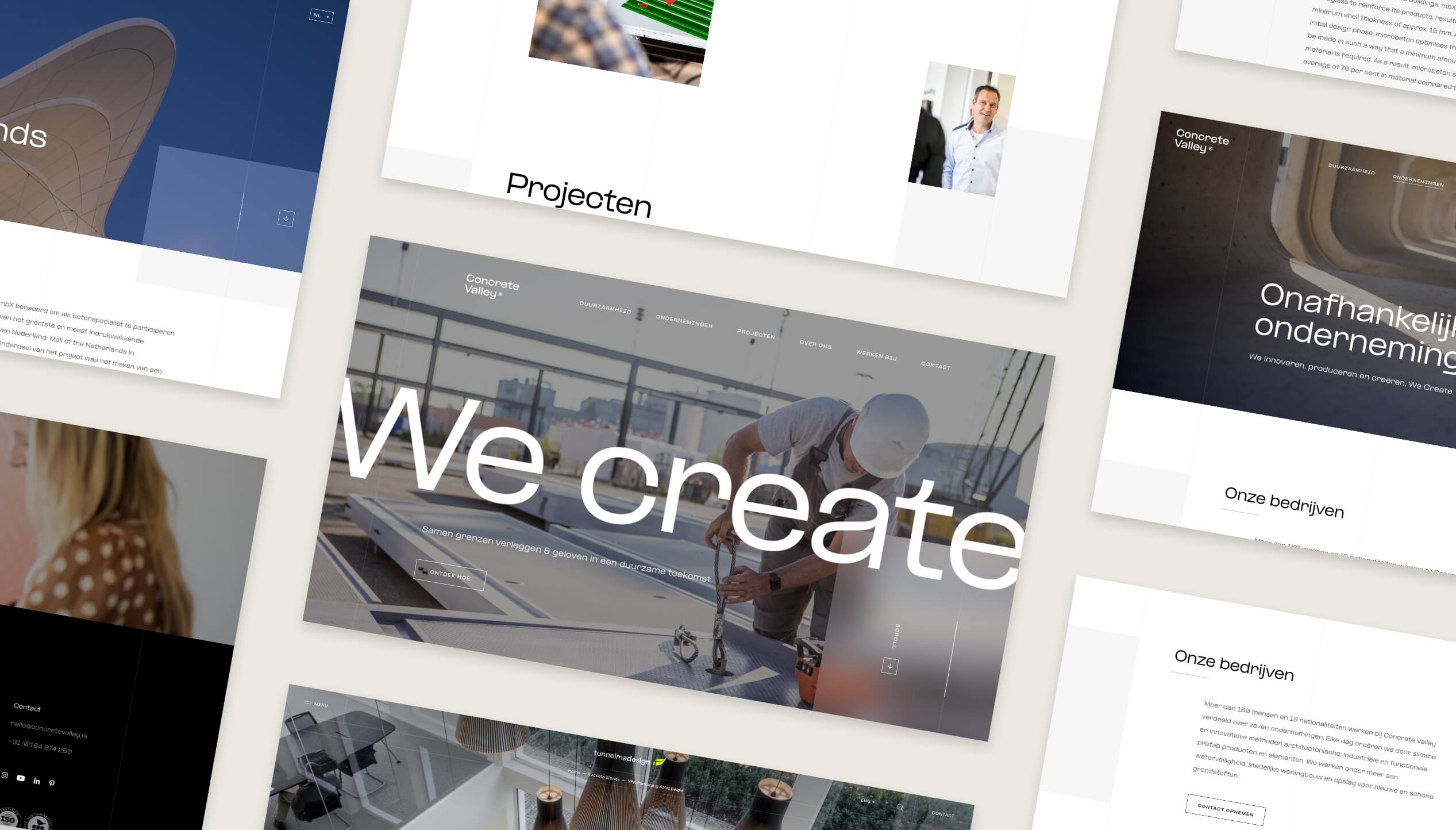 Collage van websiteontwerp: afbeeldingen, tekst, navigatie; op de centrale afbeelding is een persoon aan het werk.