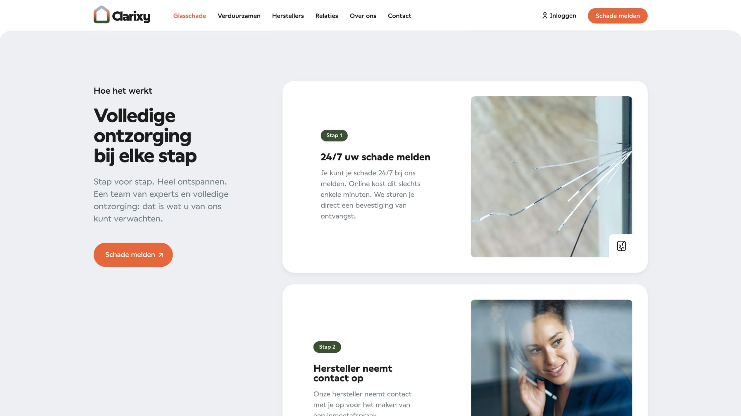 Nederlandse website: secties over gebroken raam en vrouw aan de telefoon.