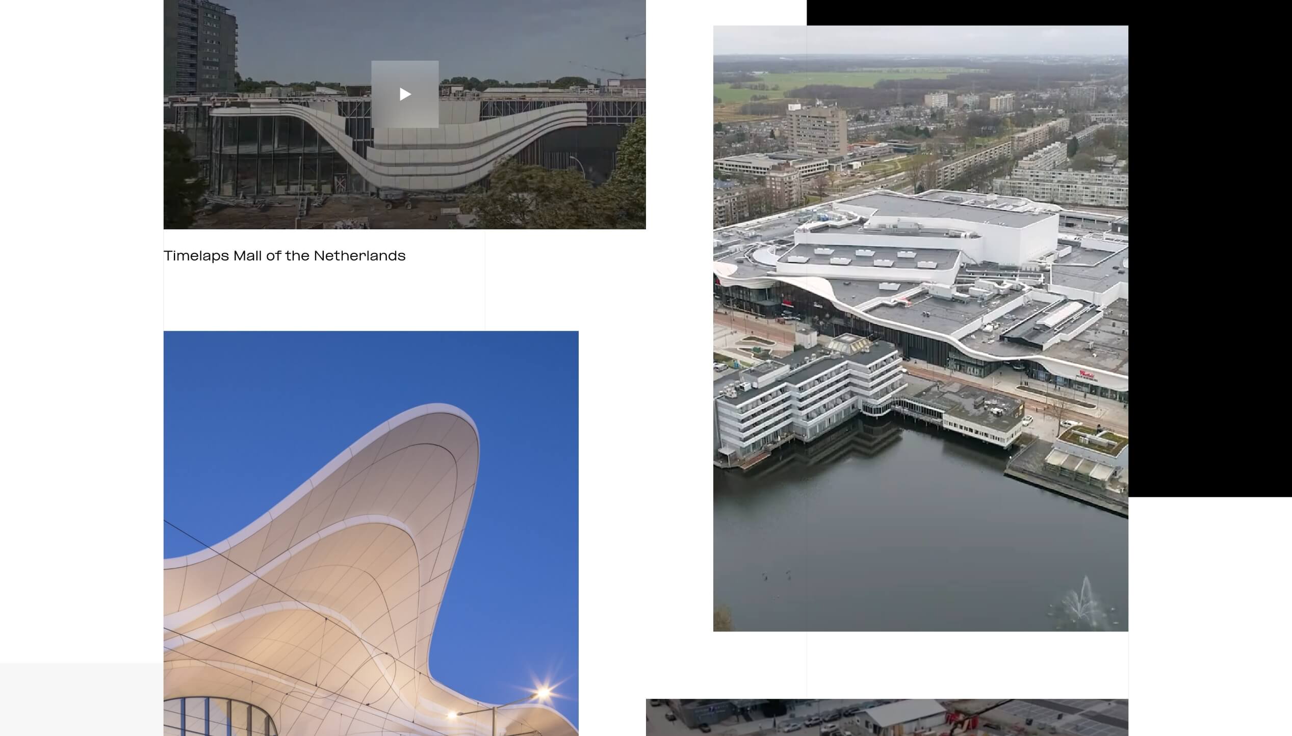 In deze collage worden gebogen, moderne architectuur en luchtopnamen van winkelcentra gecombineerd.