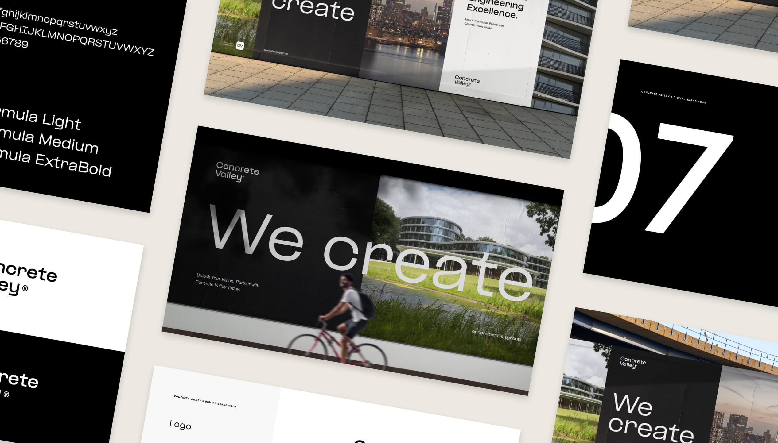 Digitale mockupcollage: Concrete Valley-branding, fietser, architectonische elementen.