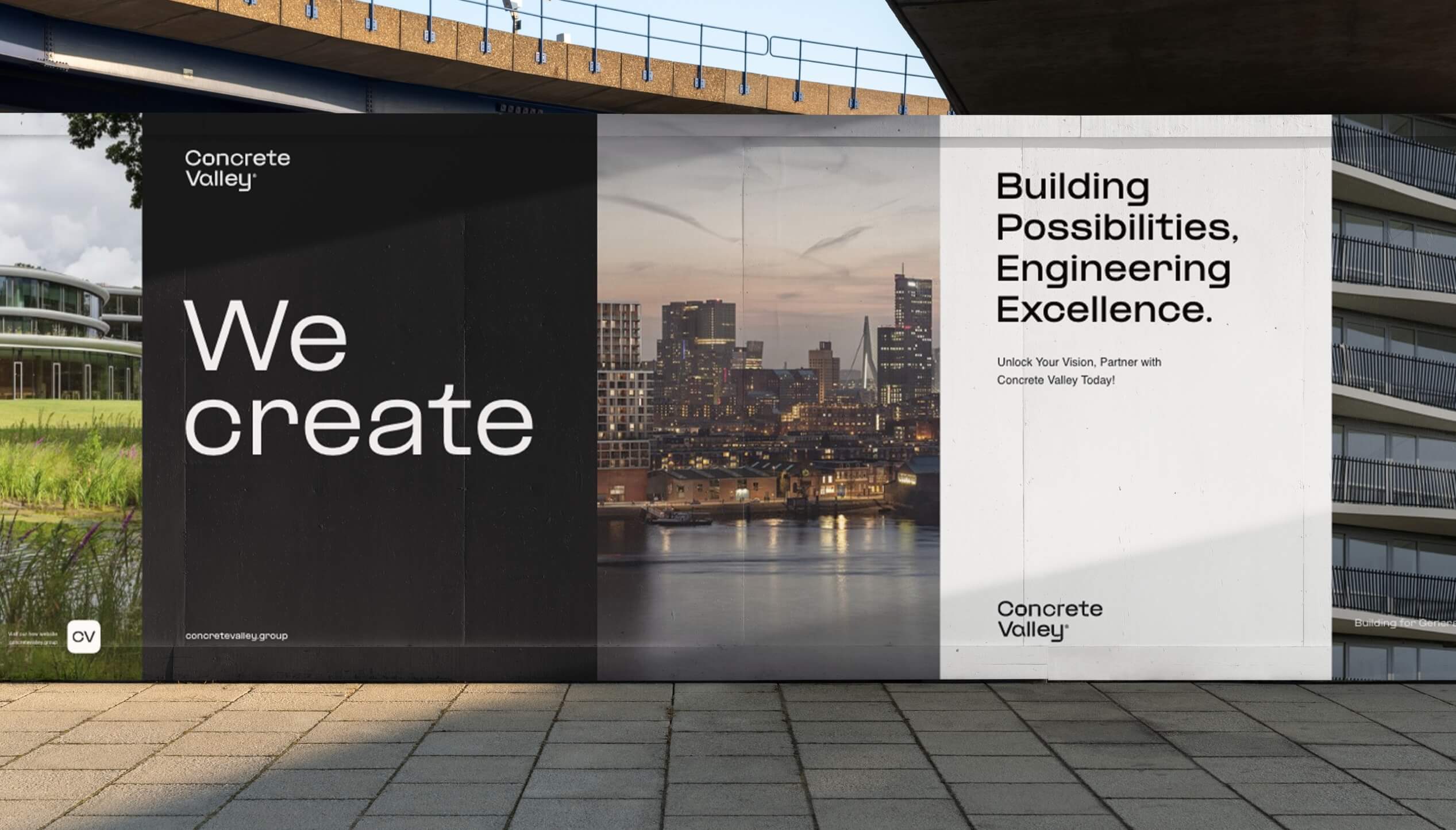 Advertentie voor stadsgezicht: Tekst en slogans maken. "Mogelijkheden bouwen, technische excellentie.