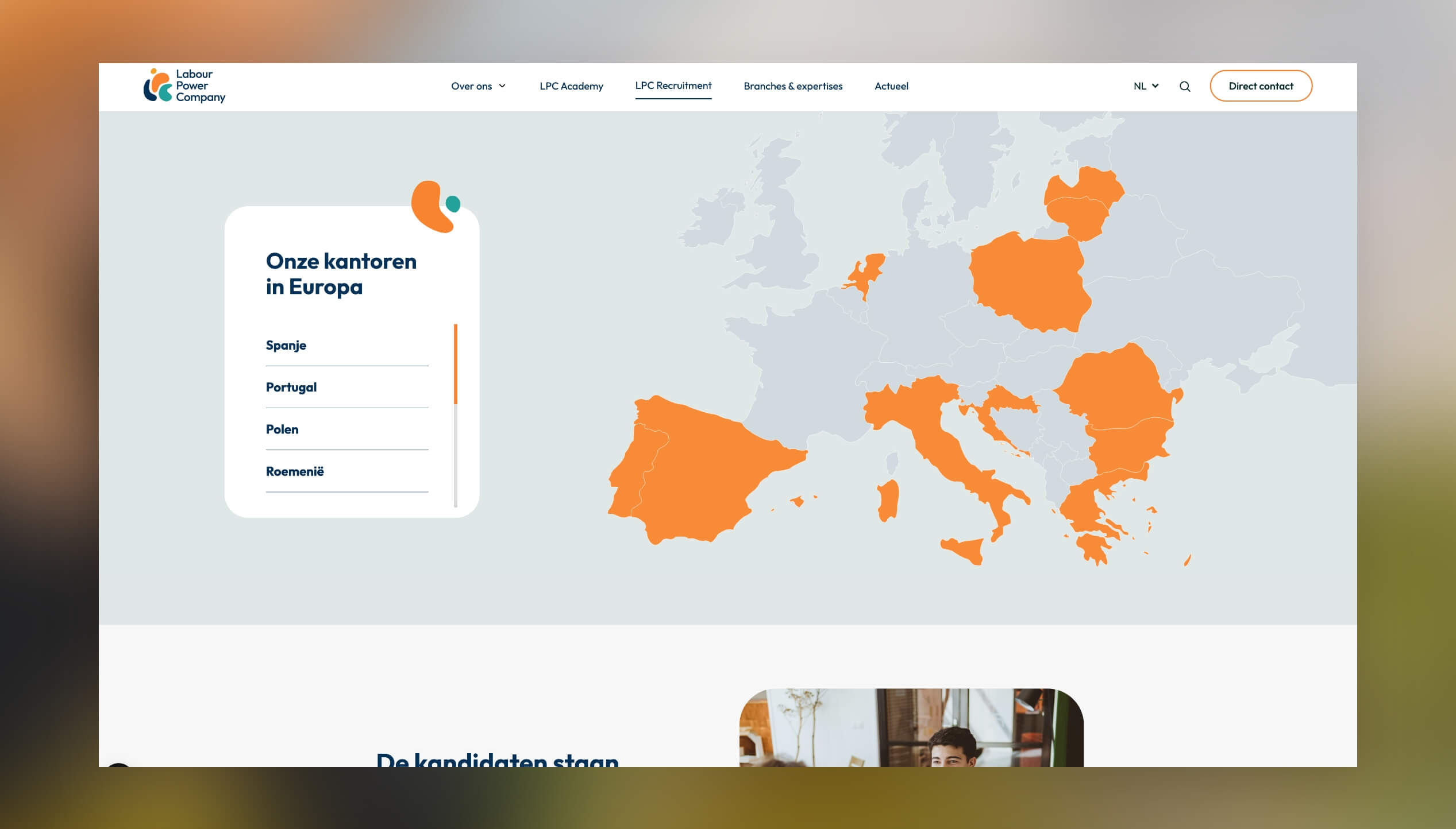 Kaart van de kantoren van Labour Power Company in Europa, inclusief Spanje en Polen.