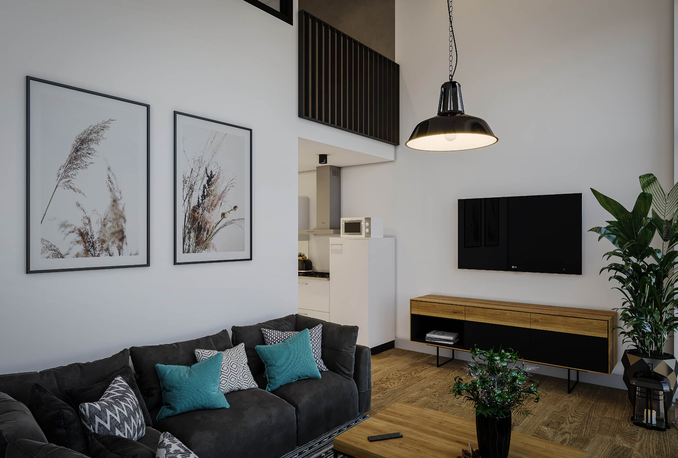Chique woonkamer: donkere bank, blauwe kussens, groen, kunst aan de muur, tv; zwarte lamp hangt aan het hoge plafond.